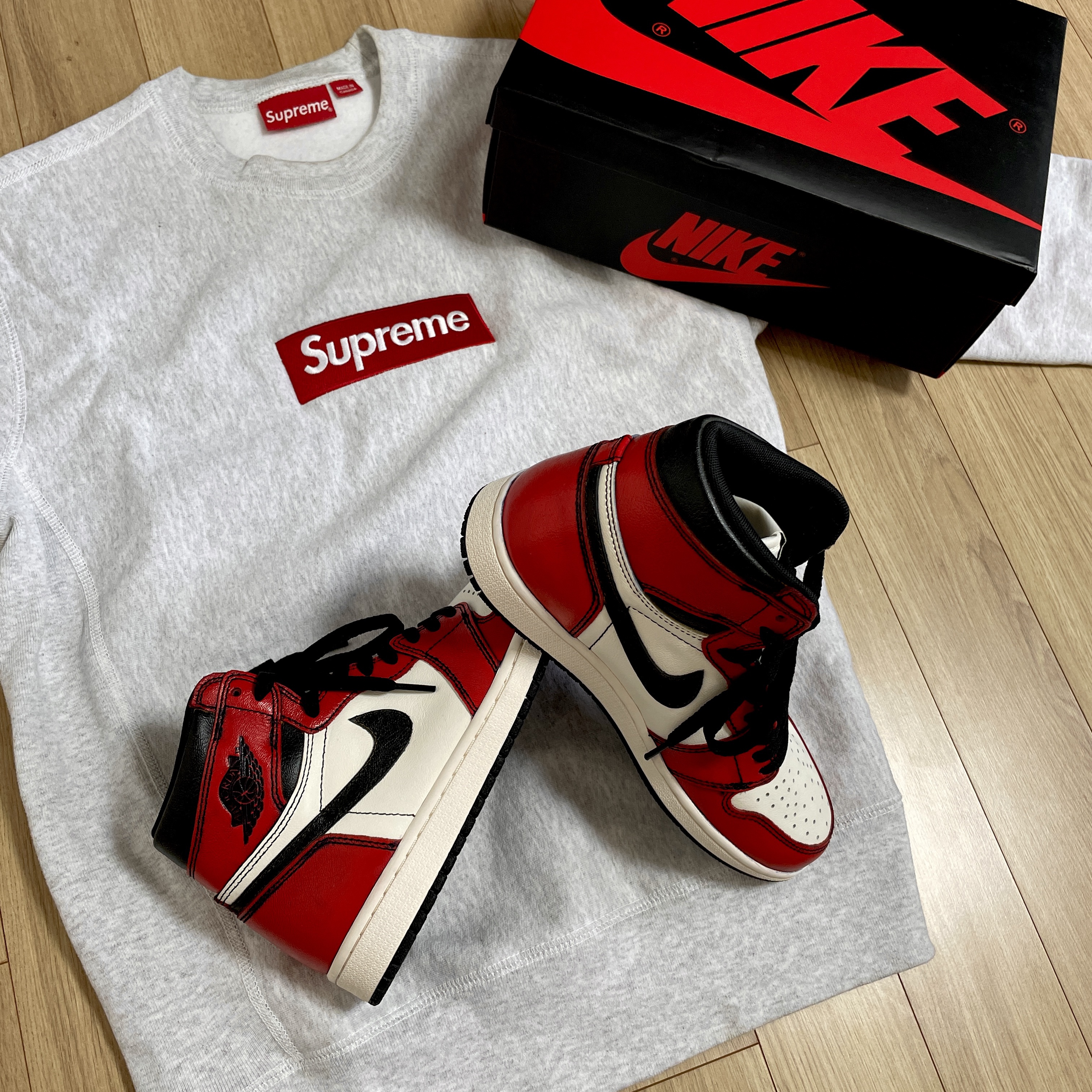 Jordan 1 Retro High OG Defiant SB LA to Chicago, Supreme Box Logo Crewneck Ash Grey - 18FW 착용 스타일