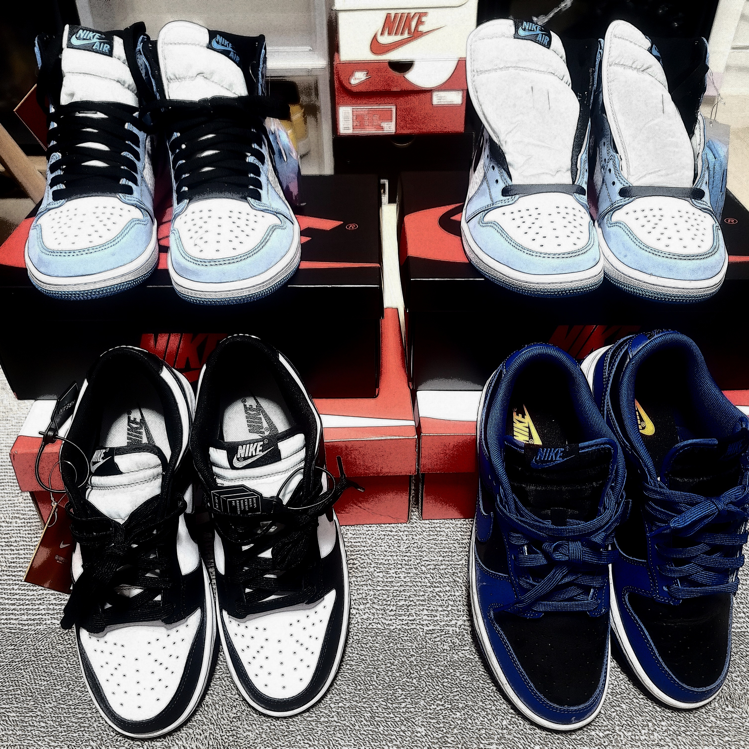 Jordan 1 Retro High OG University Blue, Nike Dunk Low Retro Black 착용 스타일