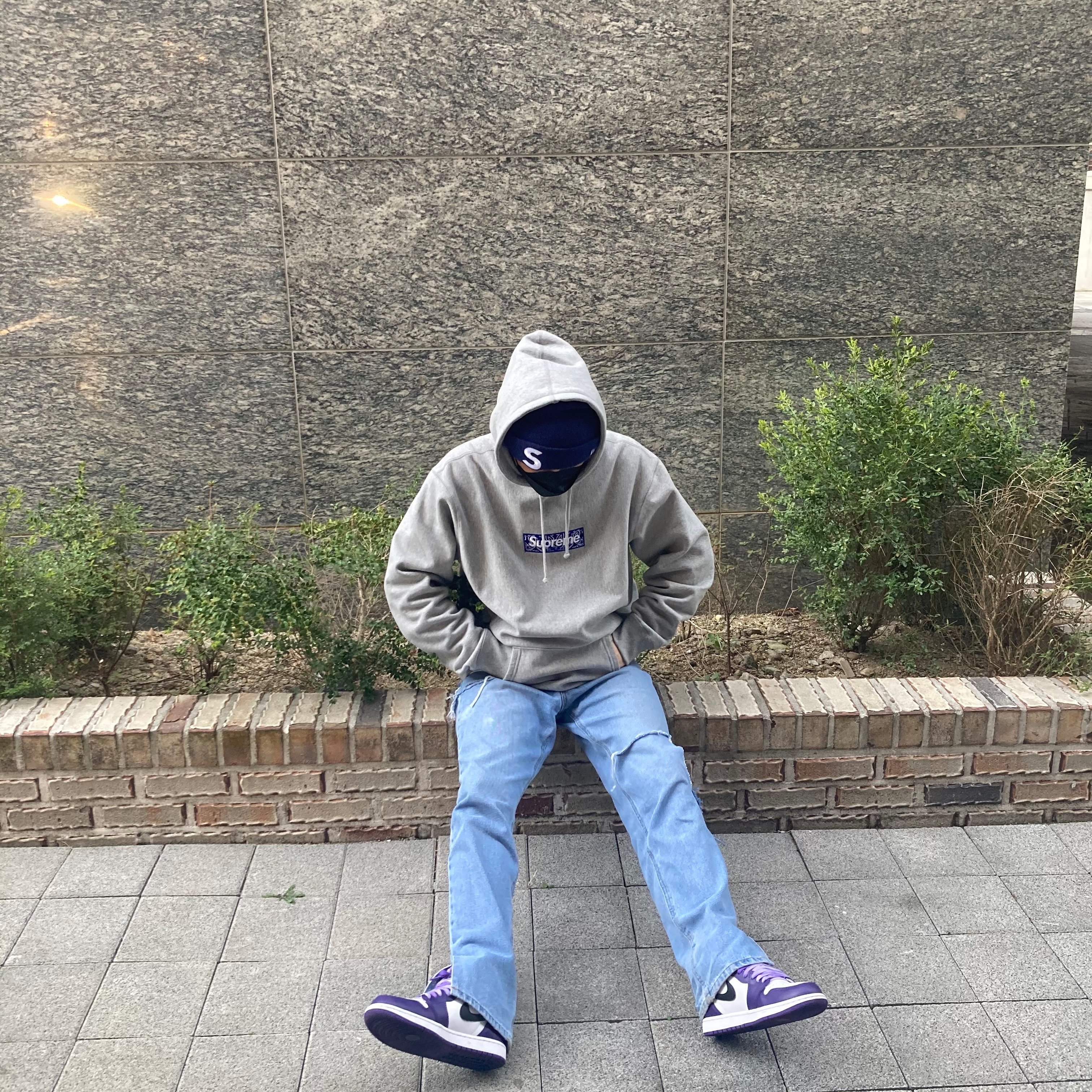 Jordan 1 Retro High OG Court Purple 2020, Supreme Bandana Box Logo Hooded Sweatshirt Heather Grey - 19FW 착용 스타일 - 1