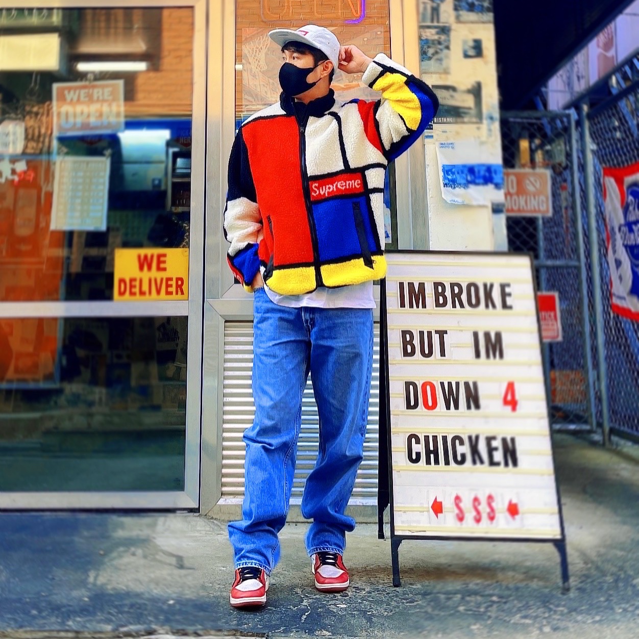 Jordan 1 x Off-White Retro High Chicago The Ten, Supreme Reversible Colorblocked Fleece Jacket Red - 20FW 착용 스타일