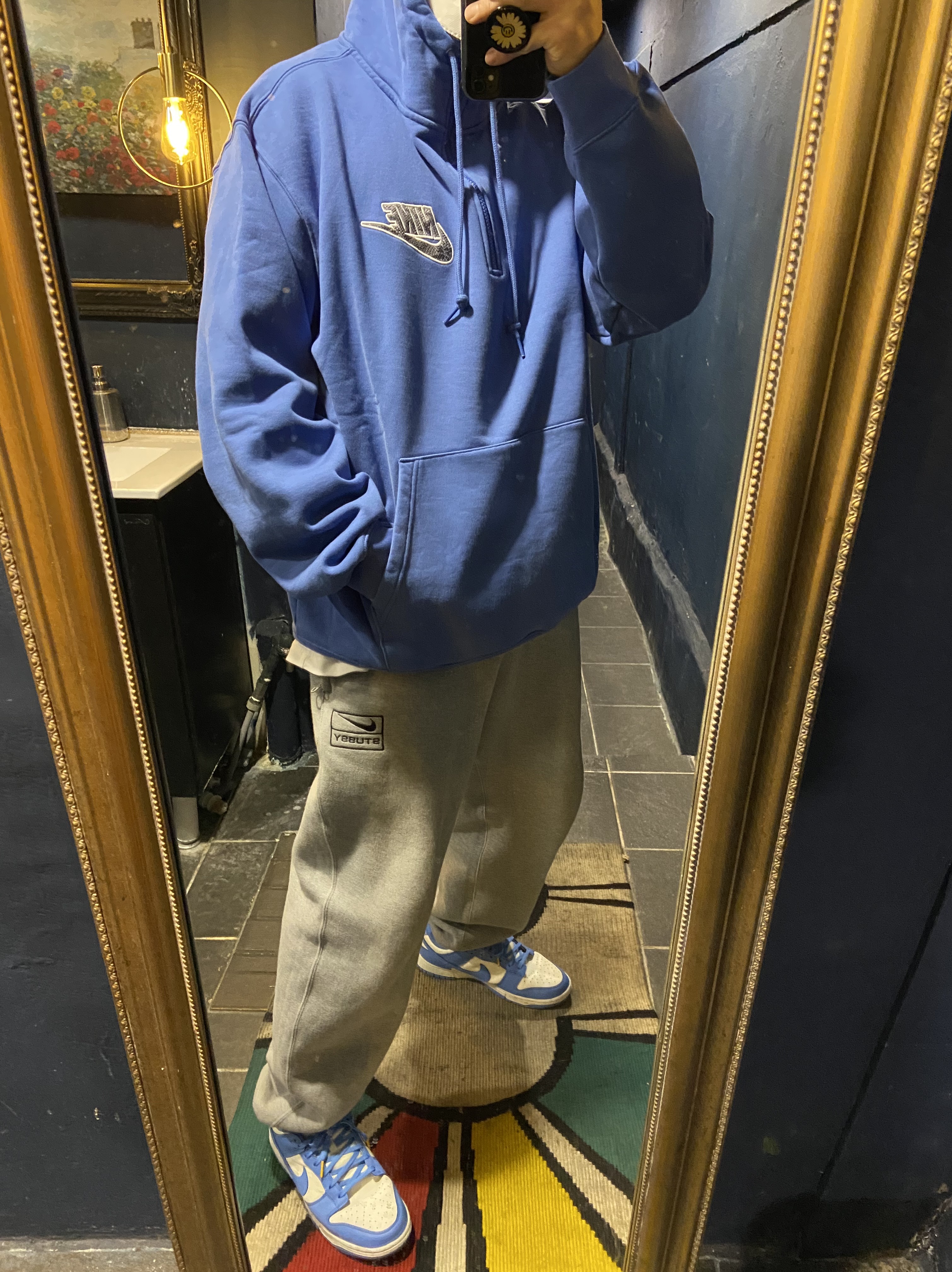 Supreme x Nike Half Zip Hooded Sweatshirt Blue - 21SS, Nike x Stussy NRG BR Fleece Pants Grey 착용 스타일