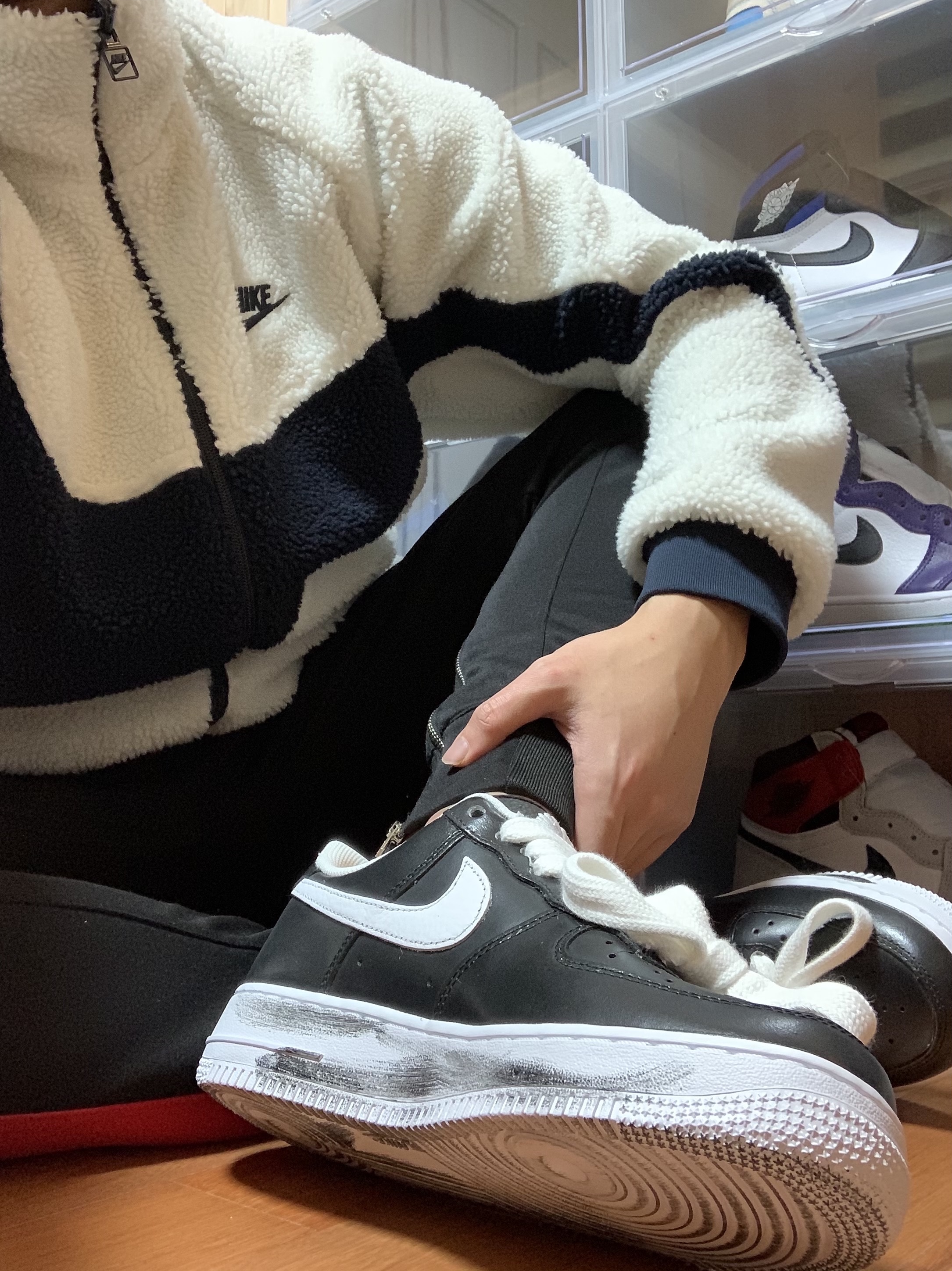Nike x Peaceminusone Air Force 1 Low Para-Noise, Nike Big Swoosh Full Zip Jacket White Navy 착용 스타일