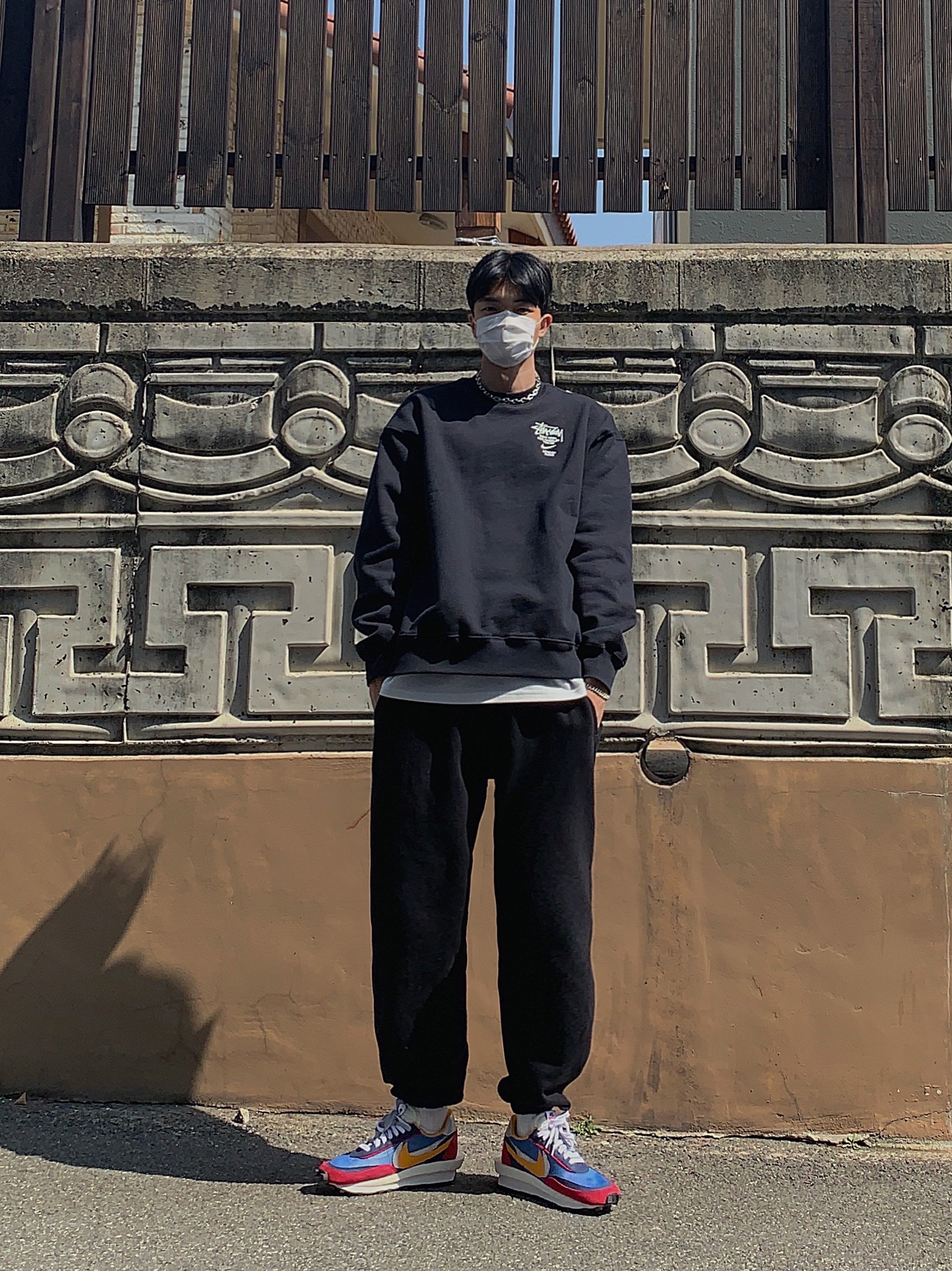 Nike x Sacai LDWaffle Blue Multi, Nike x Stussy NRG ZR Fleece Crewneck Black - US/EU 착용 스타일