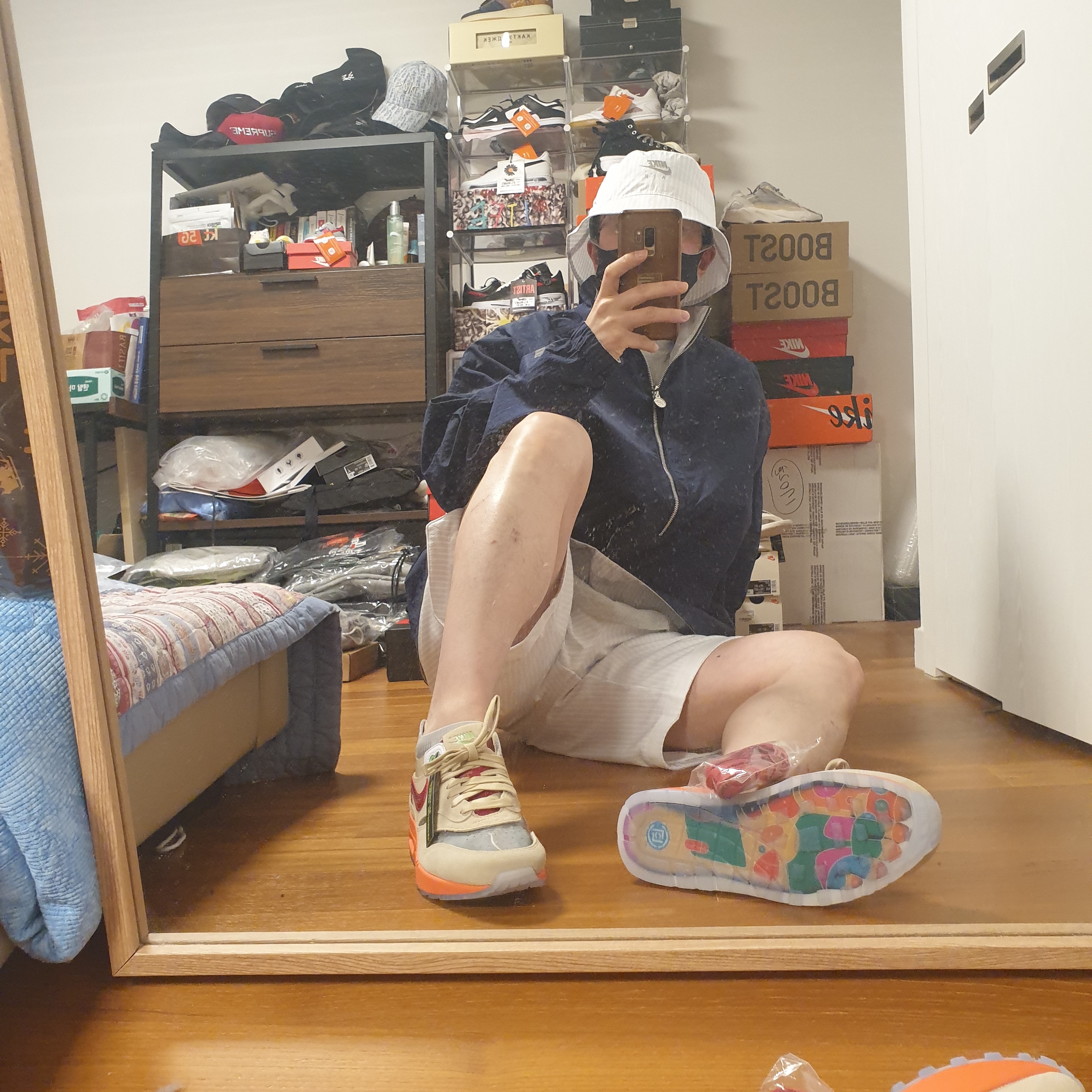 Nike x Kim Jones Bucket Hat White, Nike x Kim Jones Reversible Wind Breaker Navy - US/EU 착용 스타일 - 3