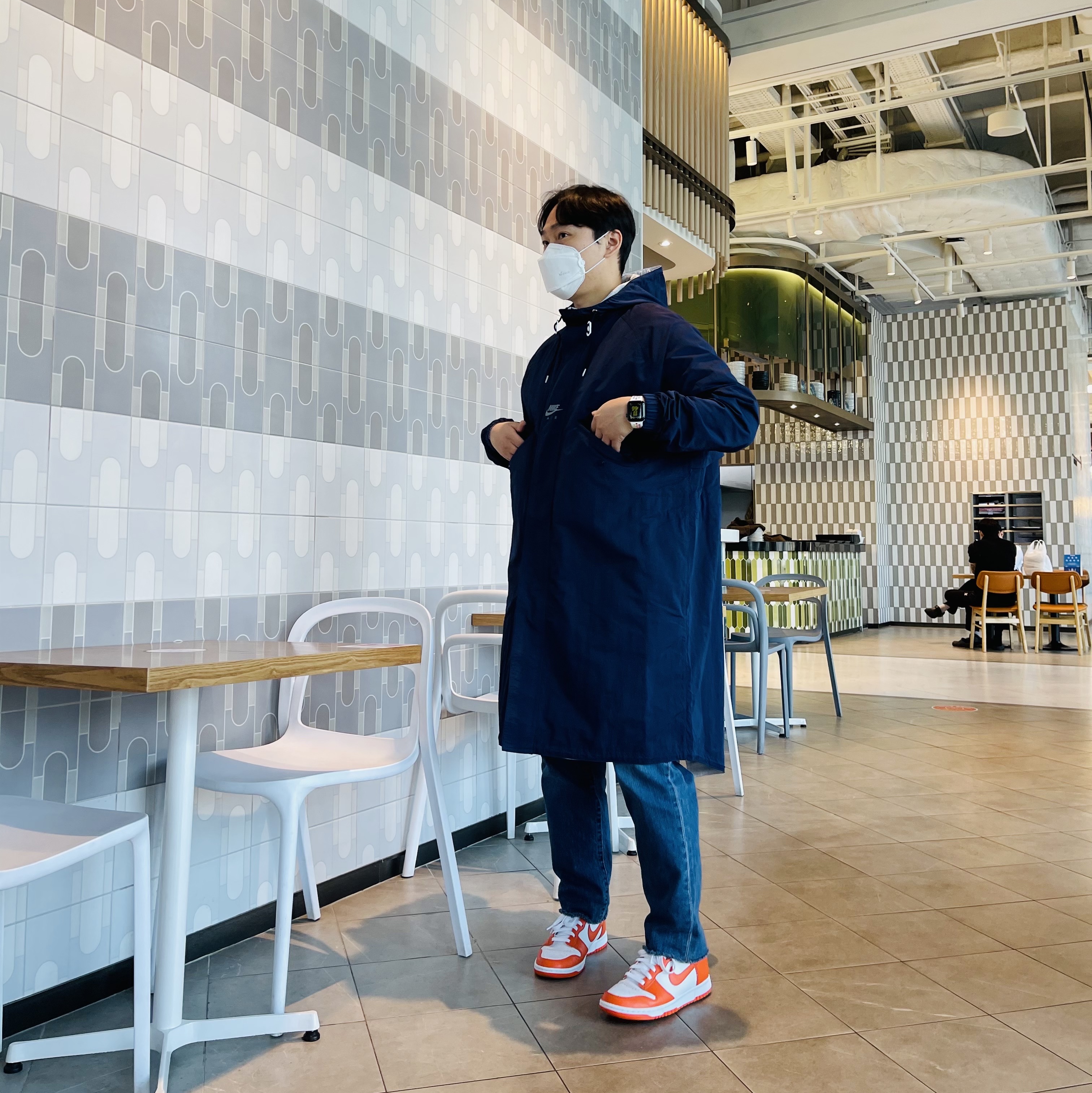 Nike x Kim Jones Reversible Parka Navy - Asia, Nike Dunk High Retro Orange Blaze 착용 스타일 - 1