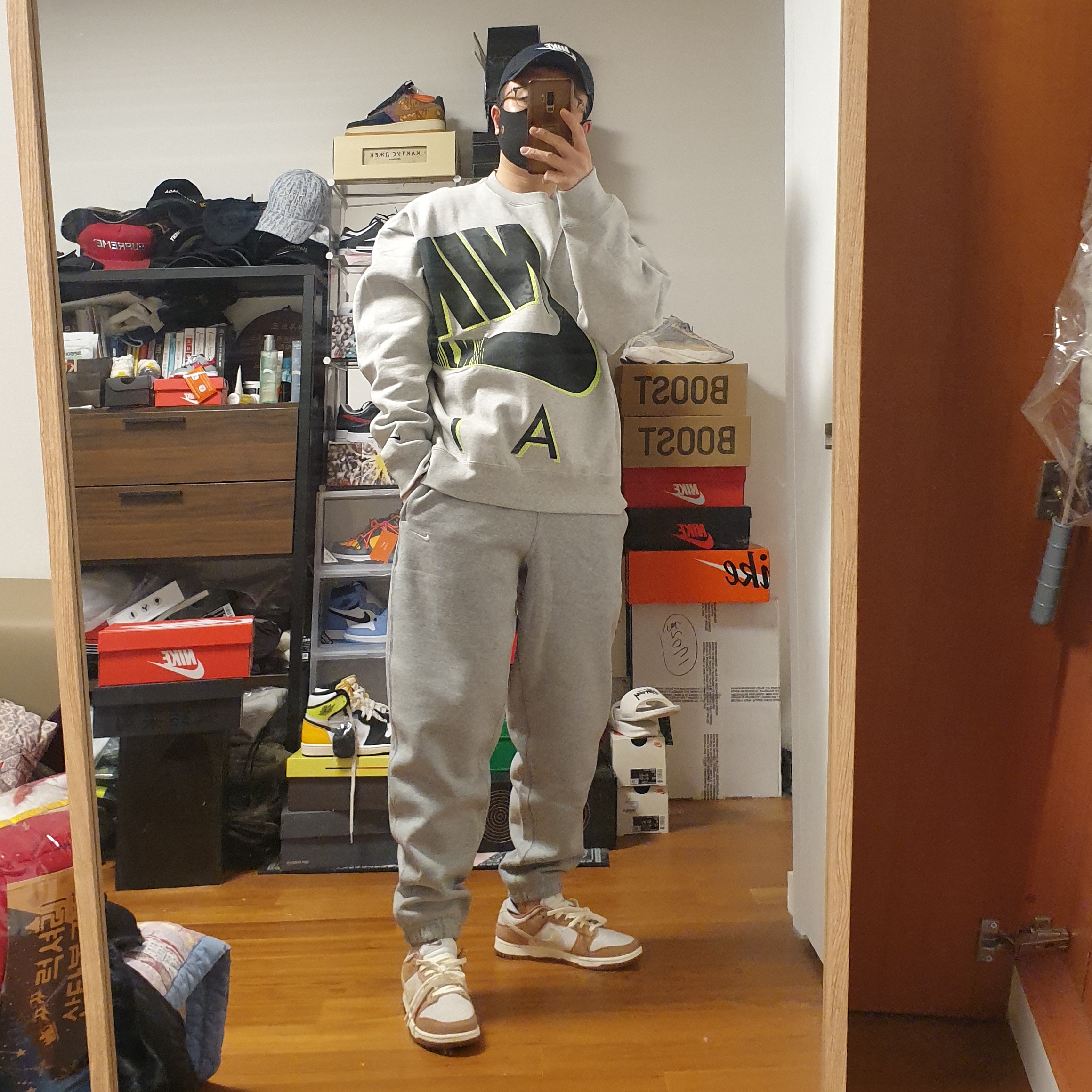 Nike x Kim Jones Fleece Crew Grey Heather - US/EU, Nike NRG Solo Swoosh Fleece Pants Dark Grey Heather - US/EU 착용 스타일 - 1