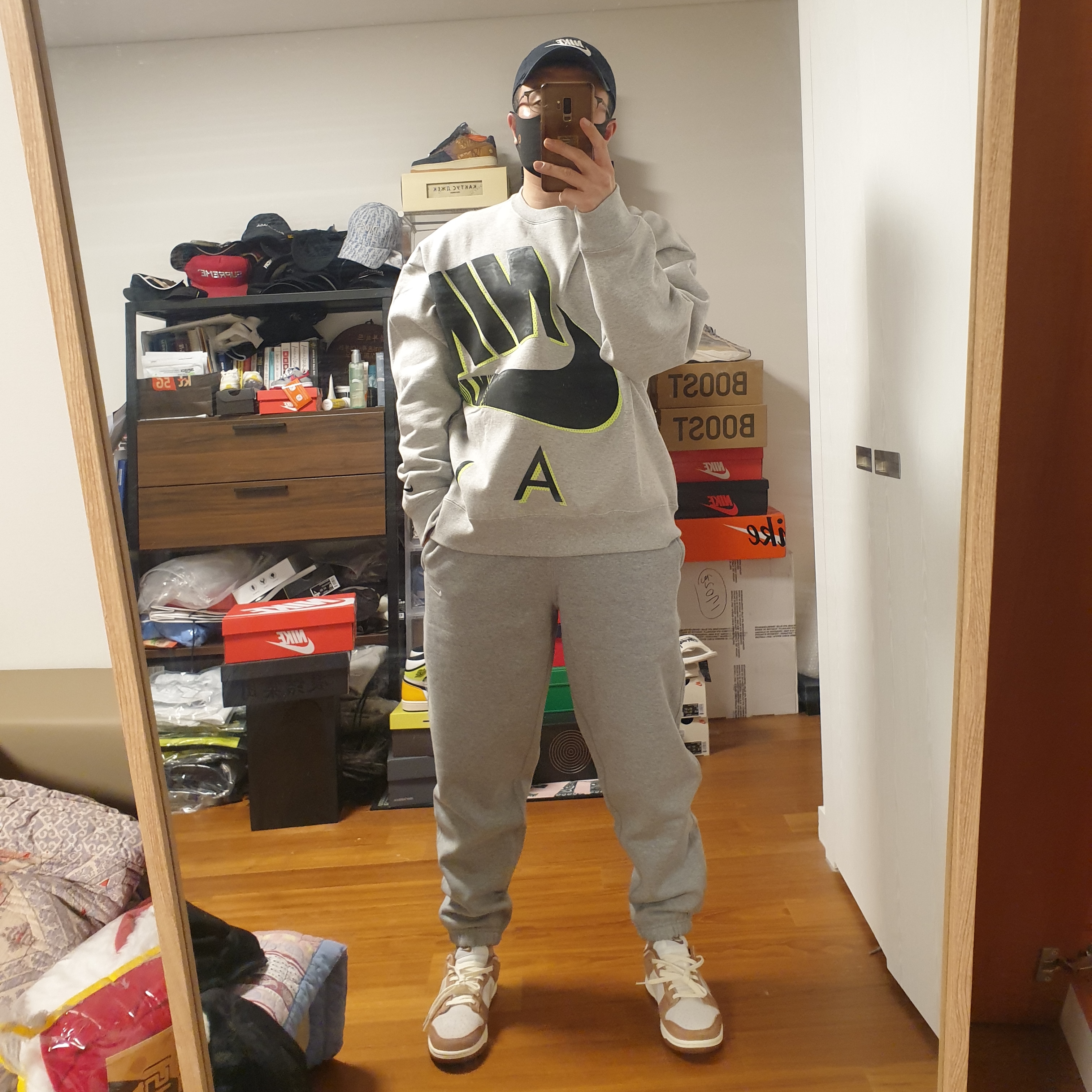 Nike x Kim Jones Fleece Crew Grey Heather - US/EU, Nike NRG Solo Swoosh Fleece Pants Dark Grey Heather - US/EU 착용 스타일 - 2