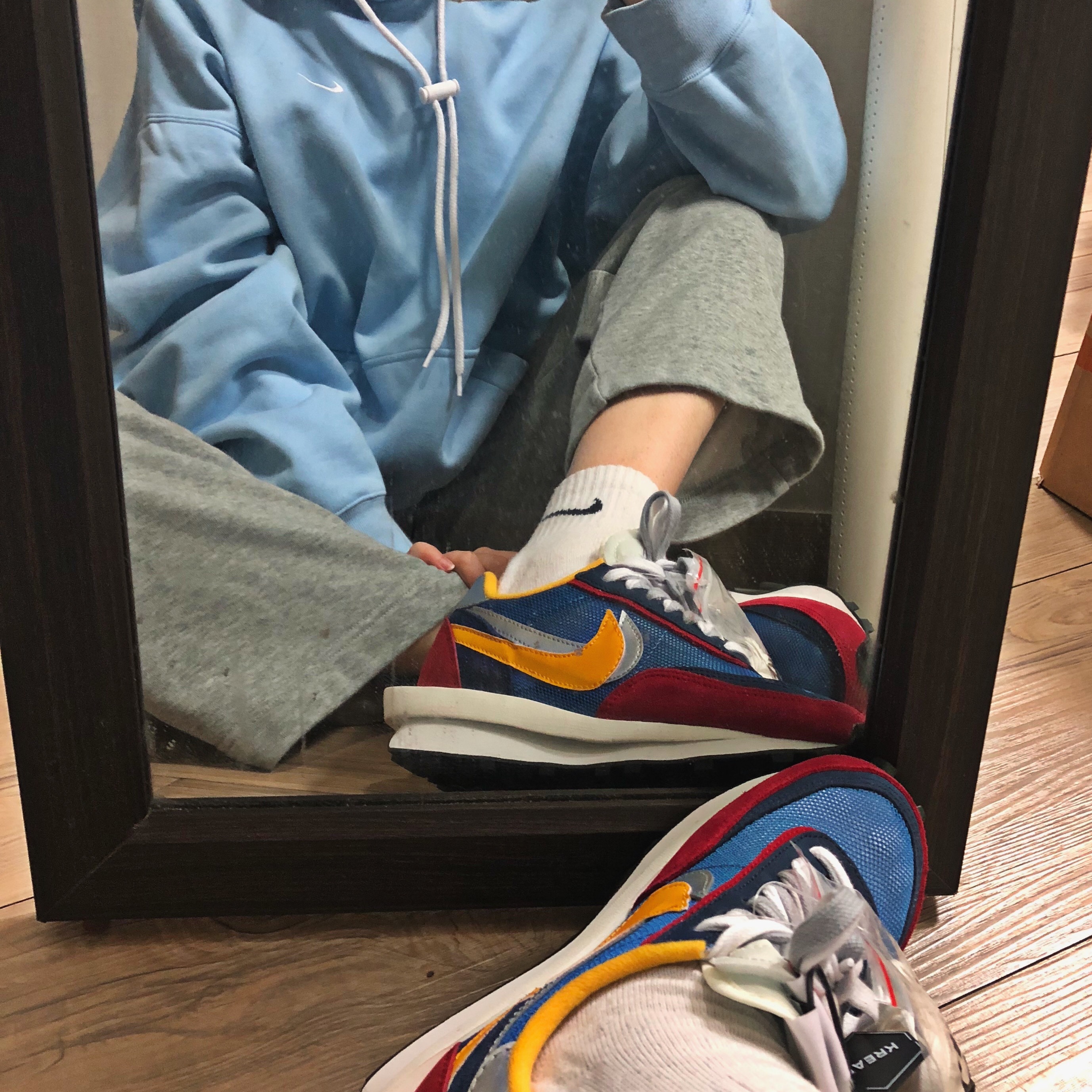 Nike x Sacai LDWaffle Blue Multi, Nike M NRG Hoodie Psychic Blue 착용 스타일
