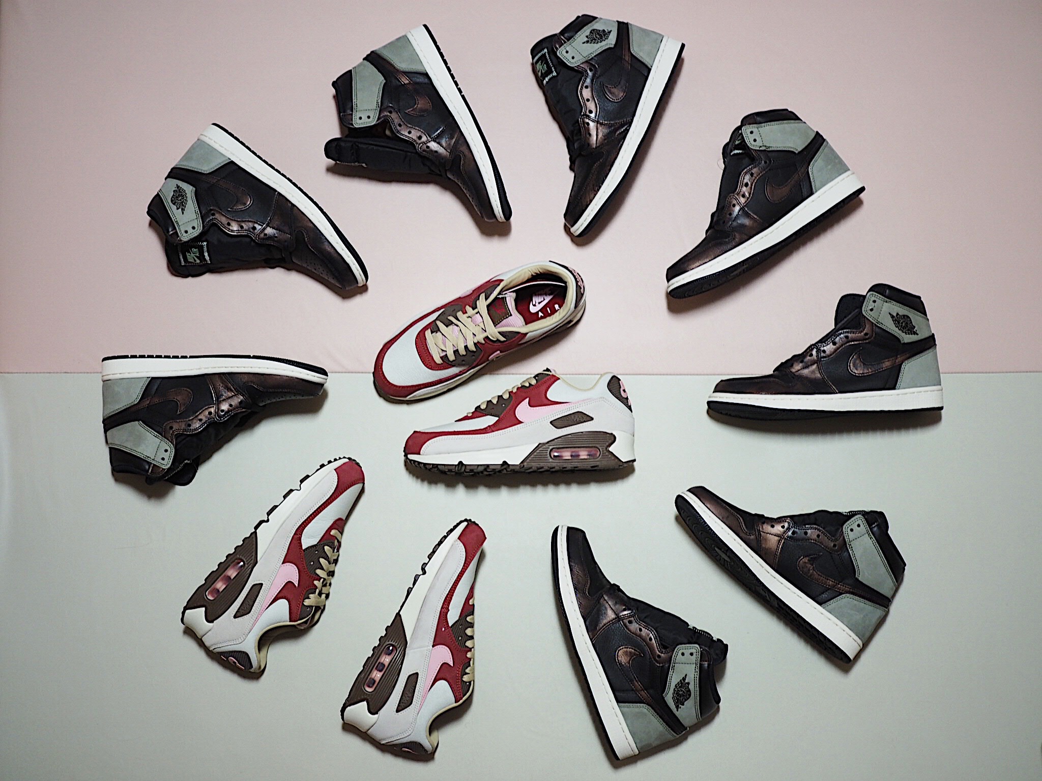 Nike Air Max 90 NRG Bacon, Jordan 1 Retro High OG Rust Shadow 착용 스타일