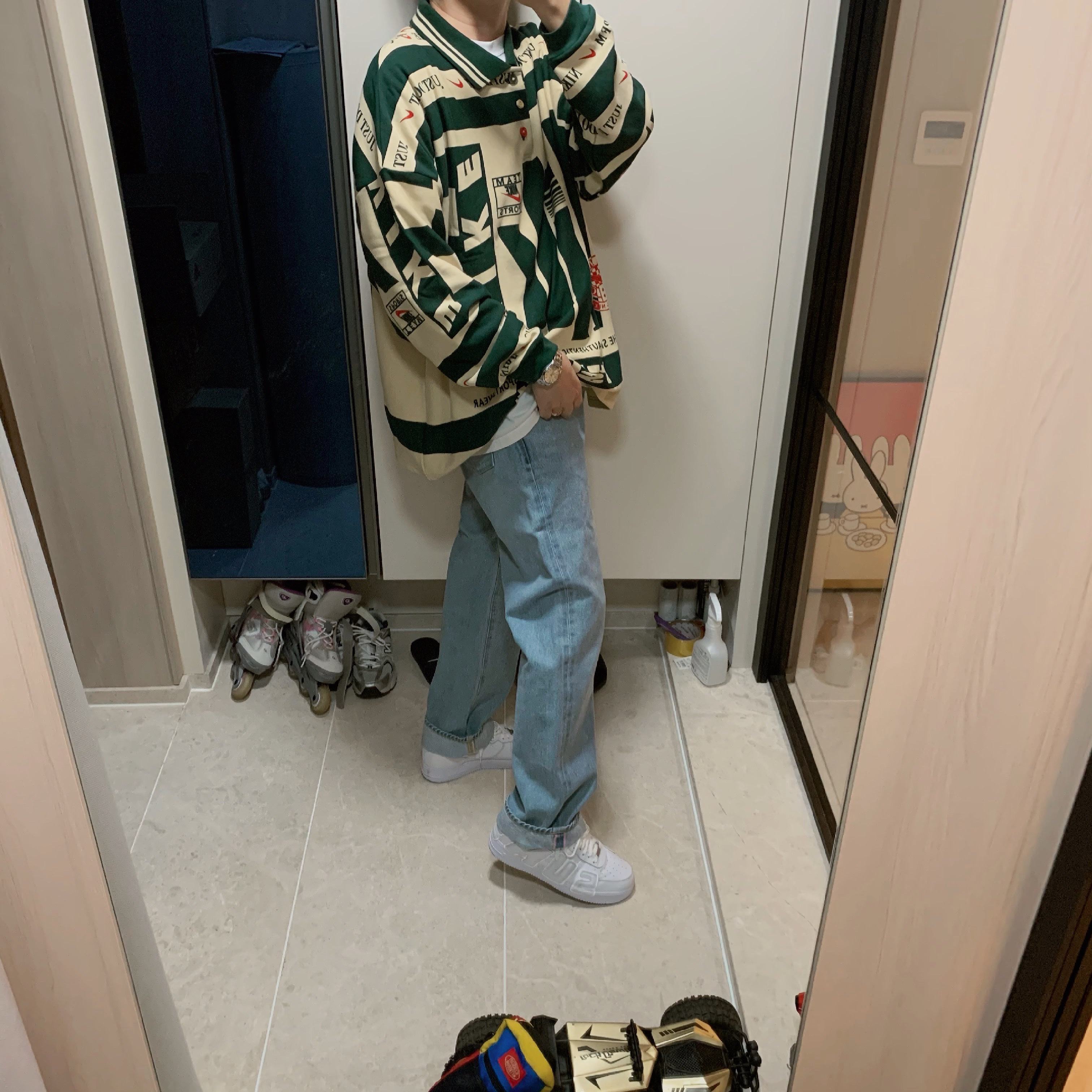 Nike x Cactus Plant Flea Market Long Sleeve Polo Natural - US/EU, Nike x Cactus Plant Flea Market Air Force 1 Low Premium White 착용 스타일 - 1