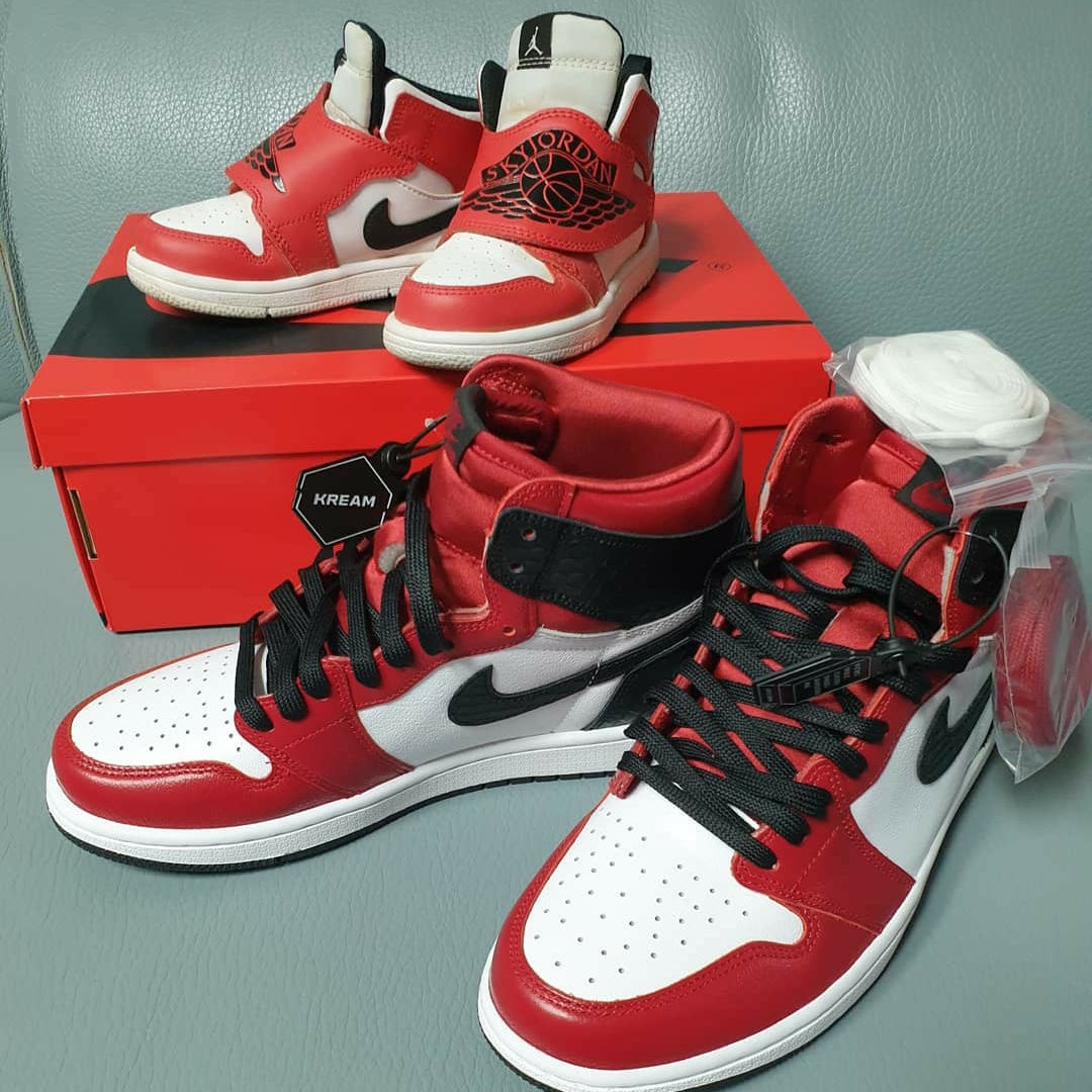 (W) Jordan 1 Retro High Satin Red, (TD) Sky Jordan 1 White Black University Red 착용 스타일 - 1