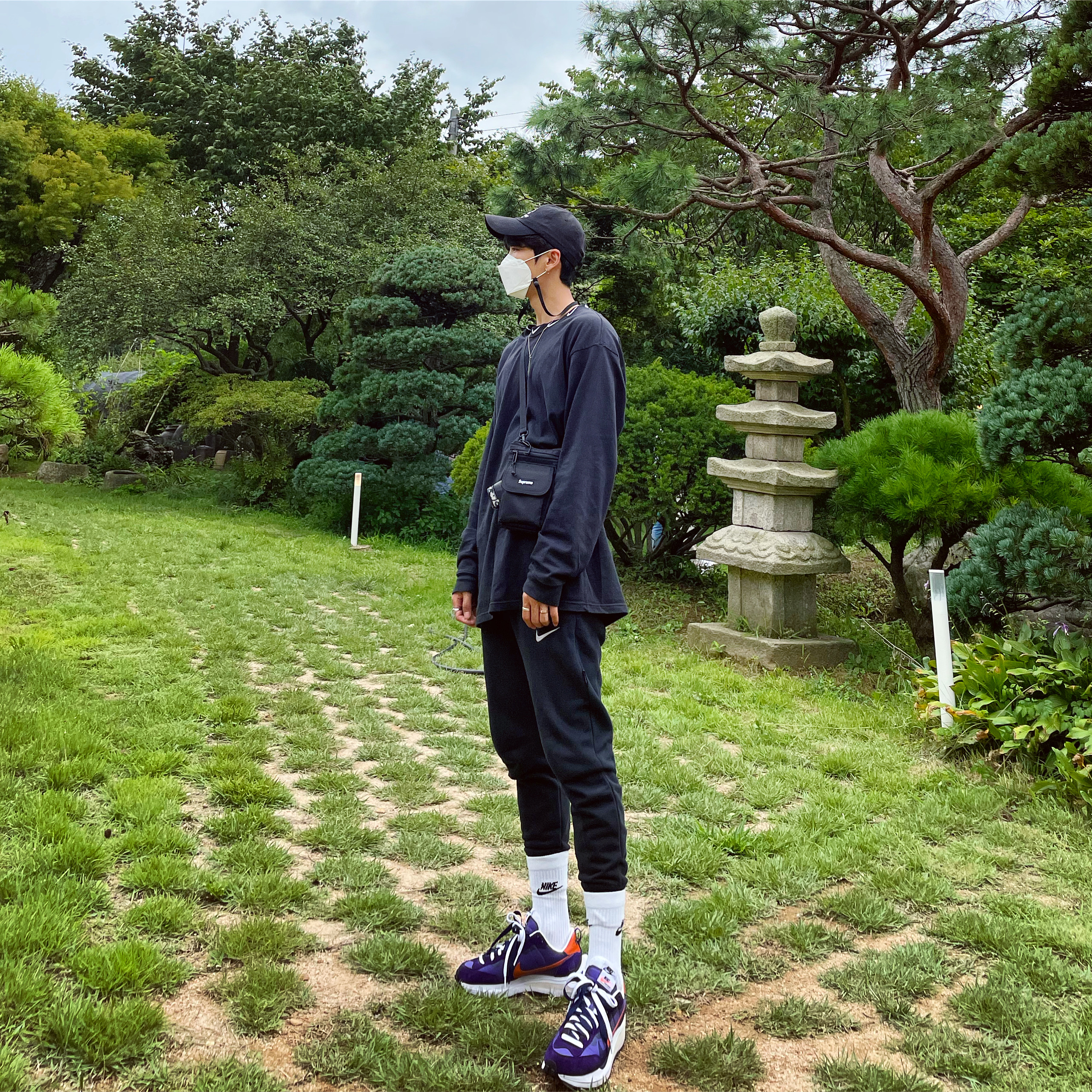 Nike x Sacai VaporWaffle Dark Iris, Nike x Stussy NRG BR LS Knit Top 착용 스타일