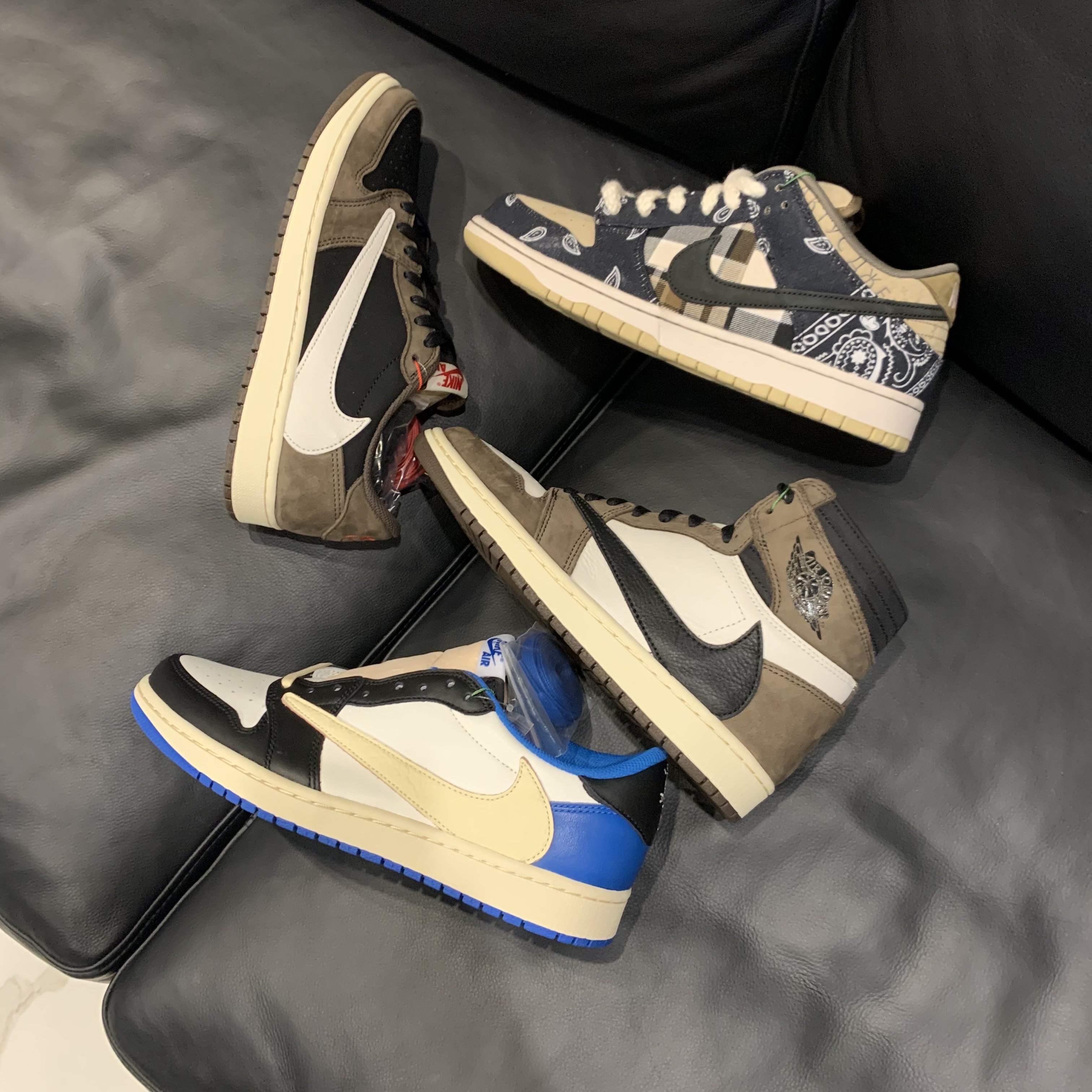 Jordan 1 x Travis Scott Retro High OG SP Mocha, Jordan 1 x Travis Scott x Fragment Retro Low OG SP Military Blue 착용 스타일