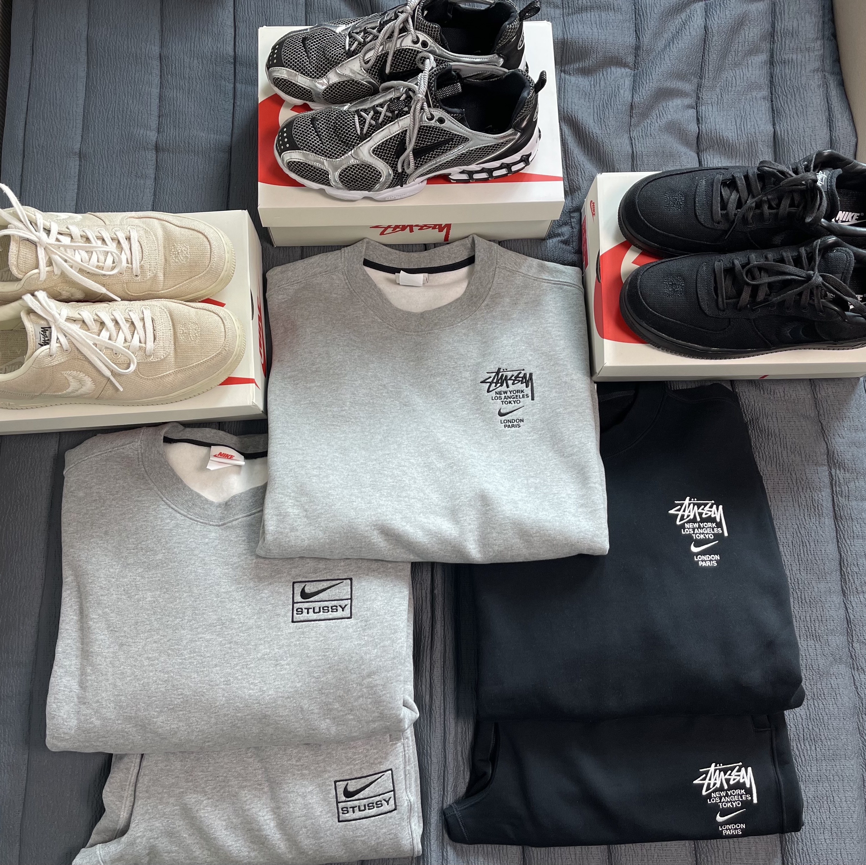 Nike x Stussy NRG ZR Fleece Crewneck Heather Grey - US/EU, Nike x Stussy NRG ZR Fleece Pants Black - US/EU 착용 스타일