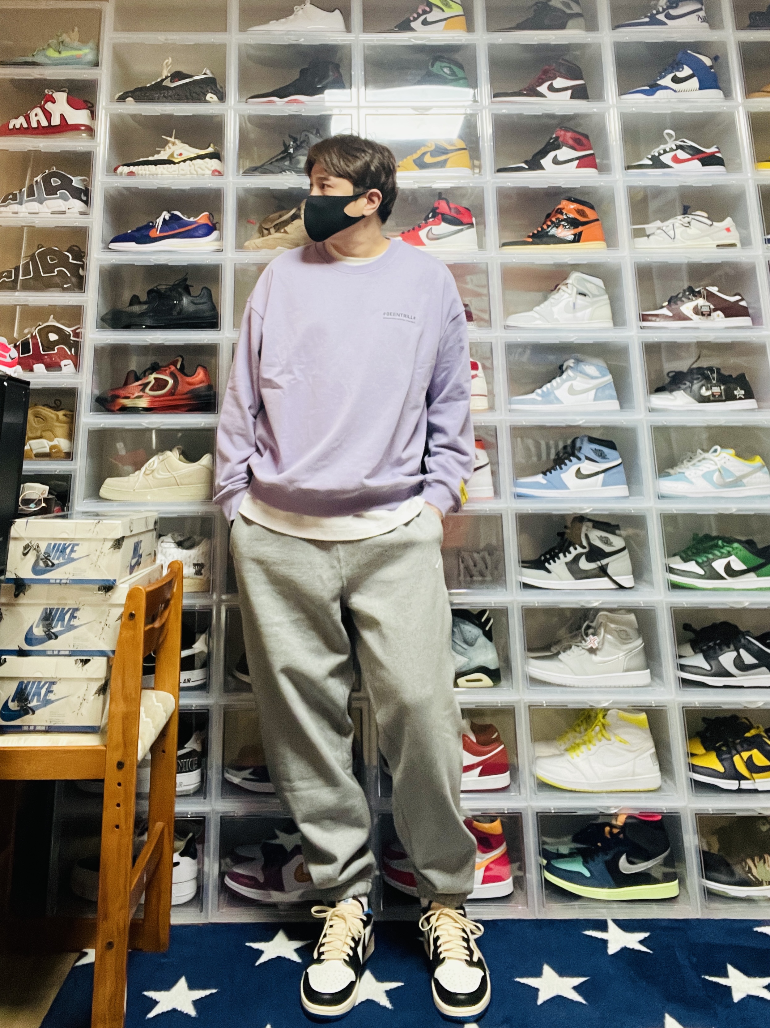 Jordan 1 x Travis Scott x Fragment Retro Low OG SP Military Blue, Nike NRG Solo Swoosh Fleece Pants Dark Grey Heather - US/EU 착용 스타일