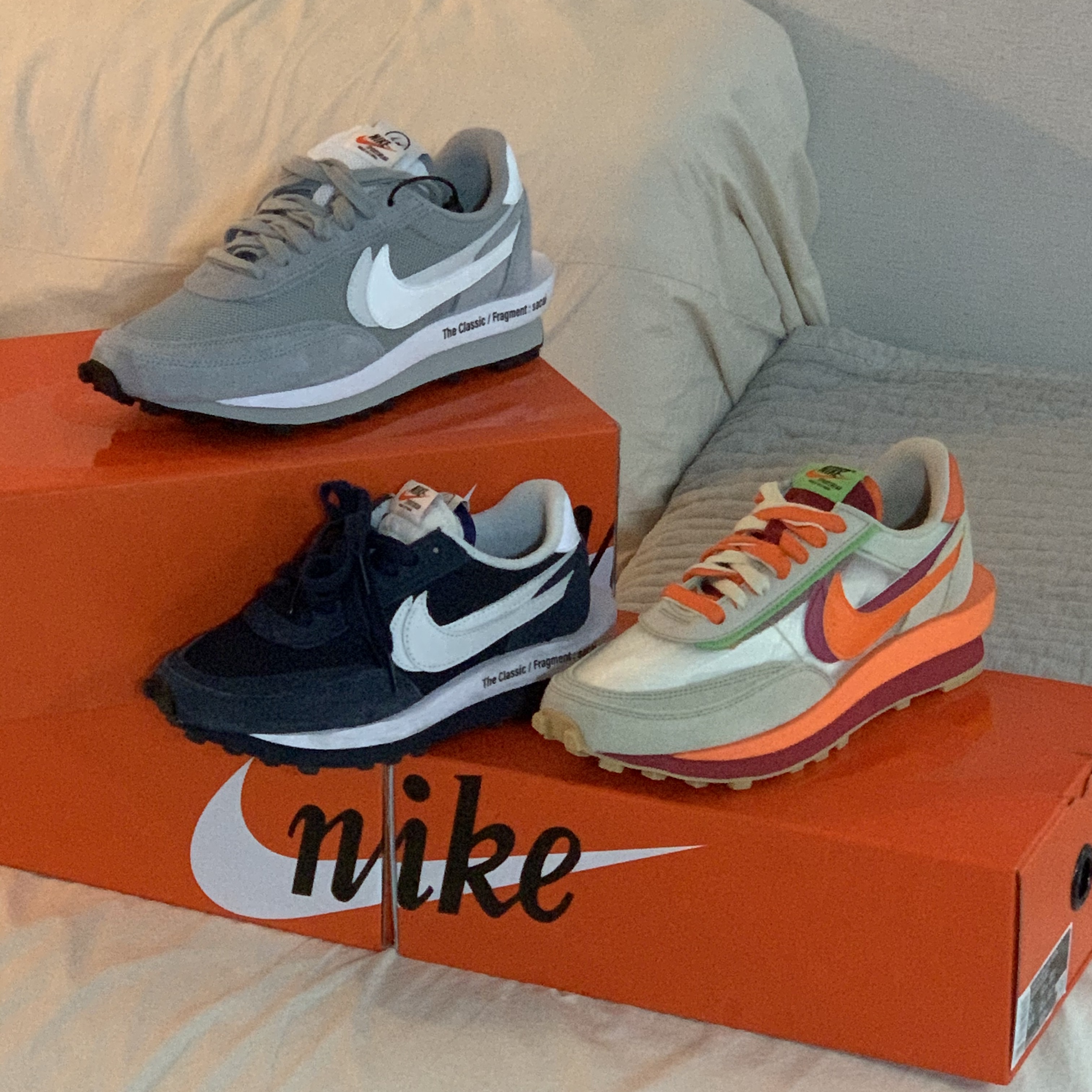 Nike x Sacai x Fragment LDWaffle Light Smoke Grey, Nike x Sacai x Clot LDWaffle Orange Blaze 착용 스타일