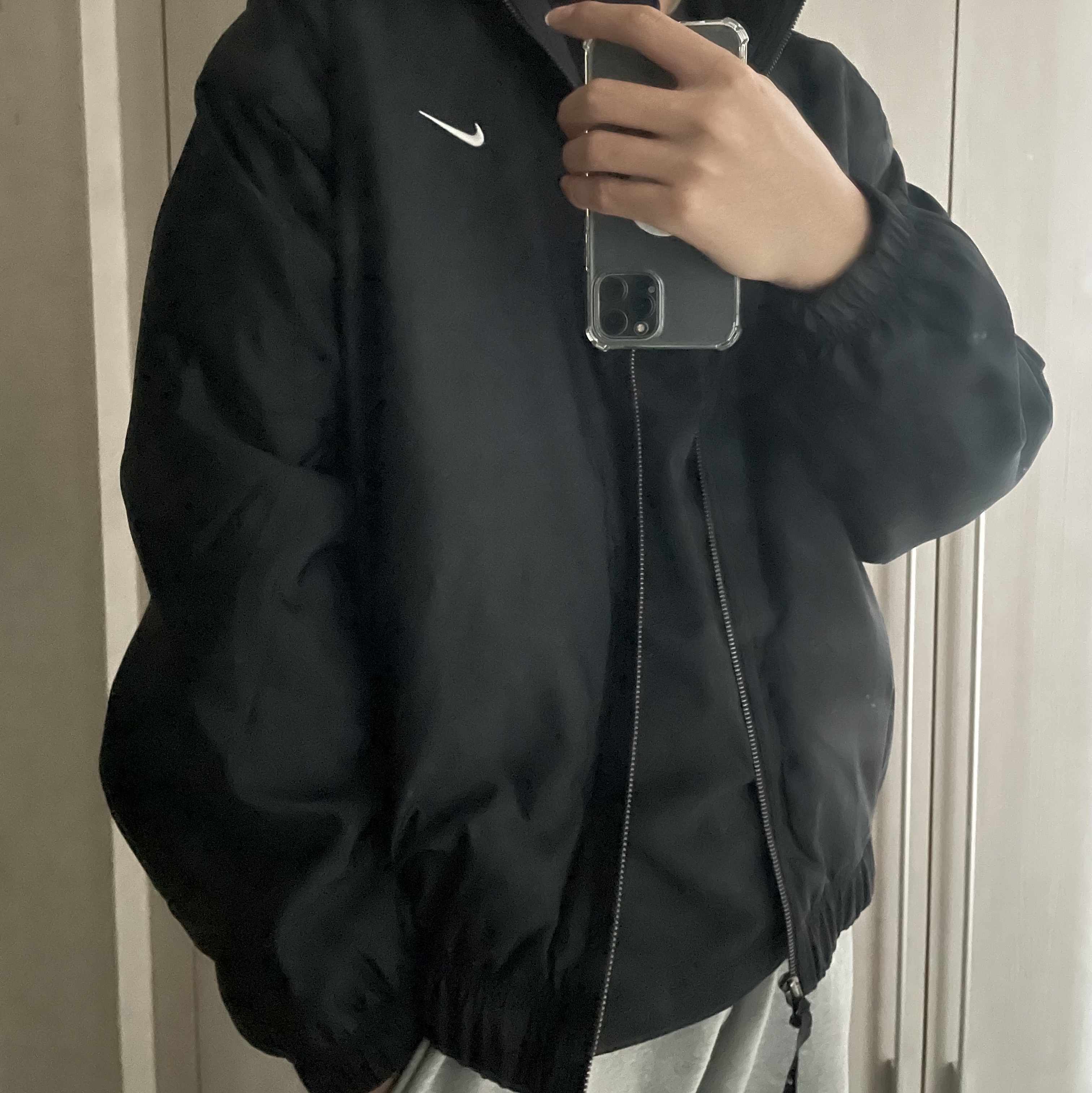 Nike NRG Solo Swoosh Satin Bomber Jacket Black Kumquat - Asia 착용 스타일 - 2
