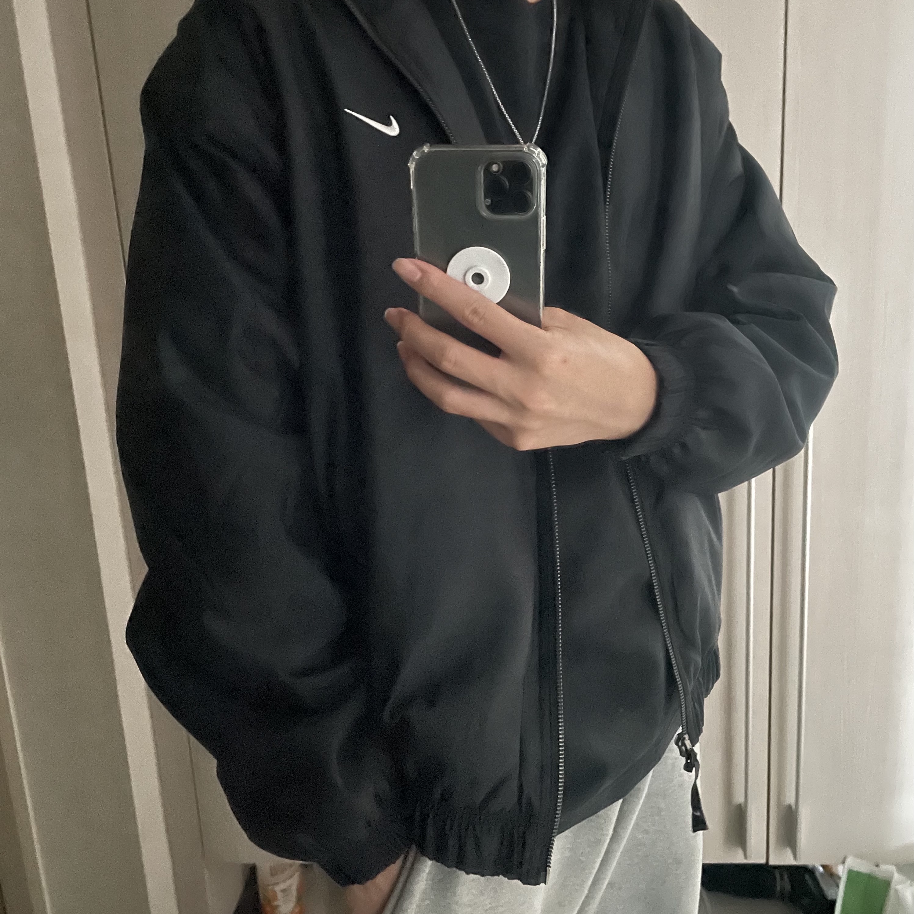 Nike NRG Solo Swoosh Satin Bomber Jacket Black Kumquat - Asia 착용 스타일 - 1