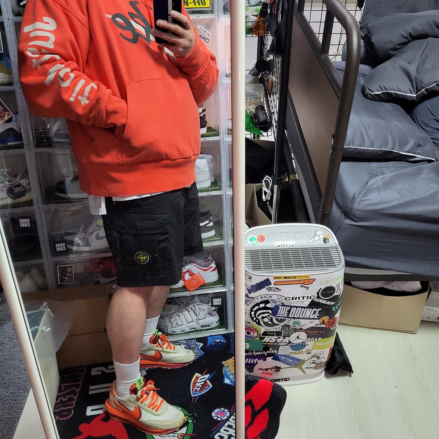 Nike x Sacai x Clot LDWaffle Orange Blaze, Nike x Cactus Plant Flea Market Shoebox Heavyweight Hooded Pullover Orange - US/EU 착용 스타일