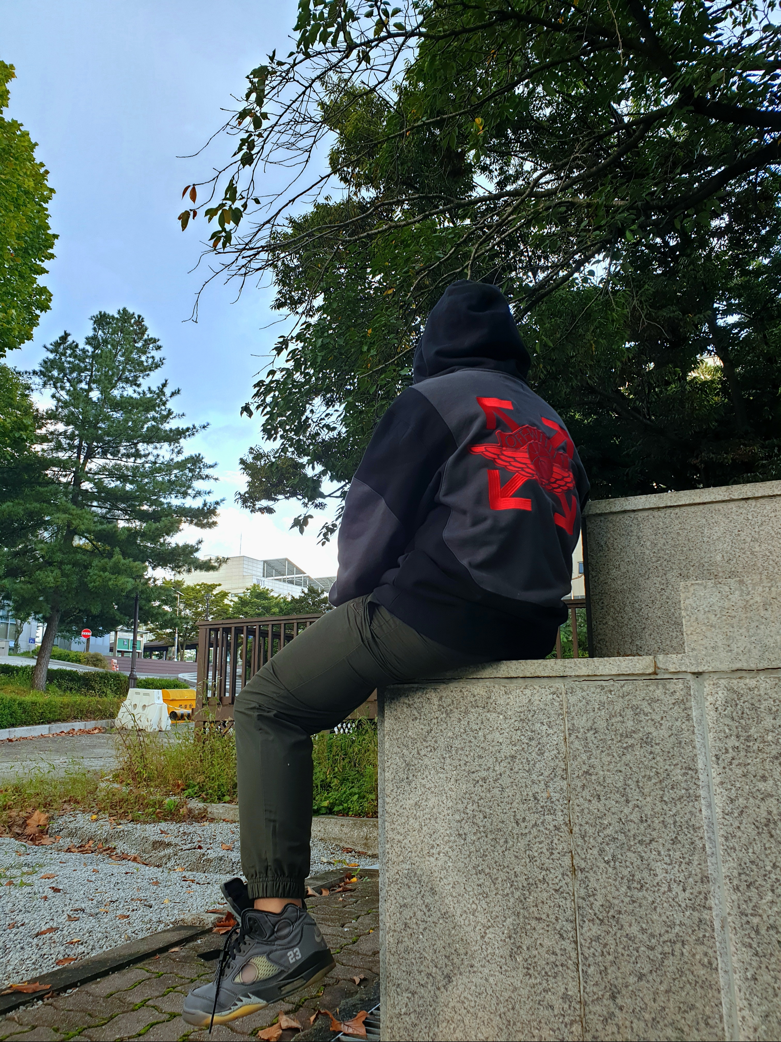 Jordan x Off-White Fleece Pullover Hoodie Black - US/EU, Jordan 5 x Off-White Retro SP Black Muslin 착용 스타일
