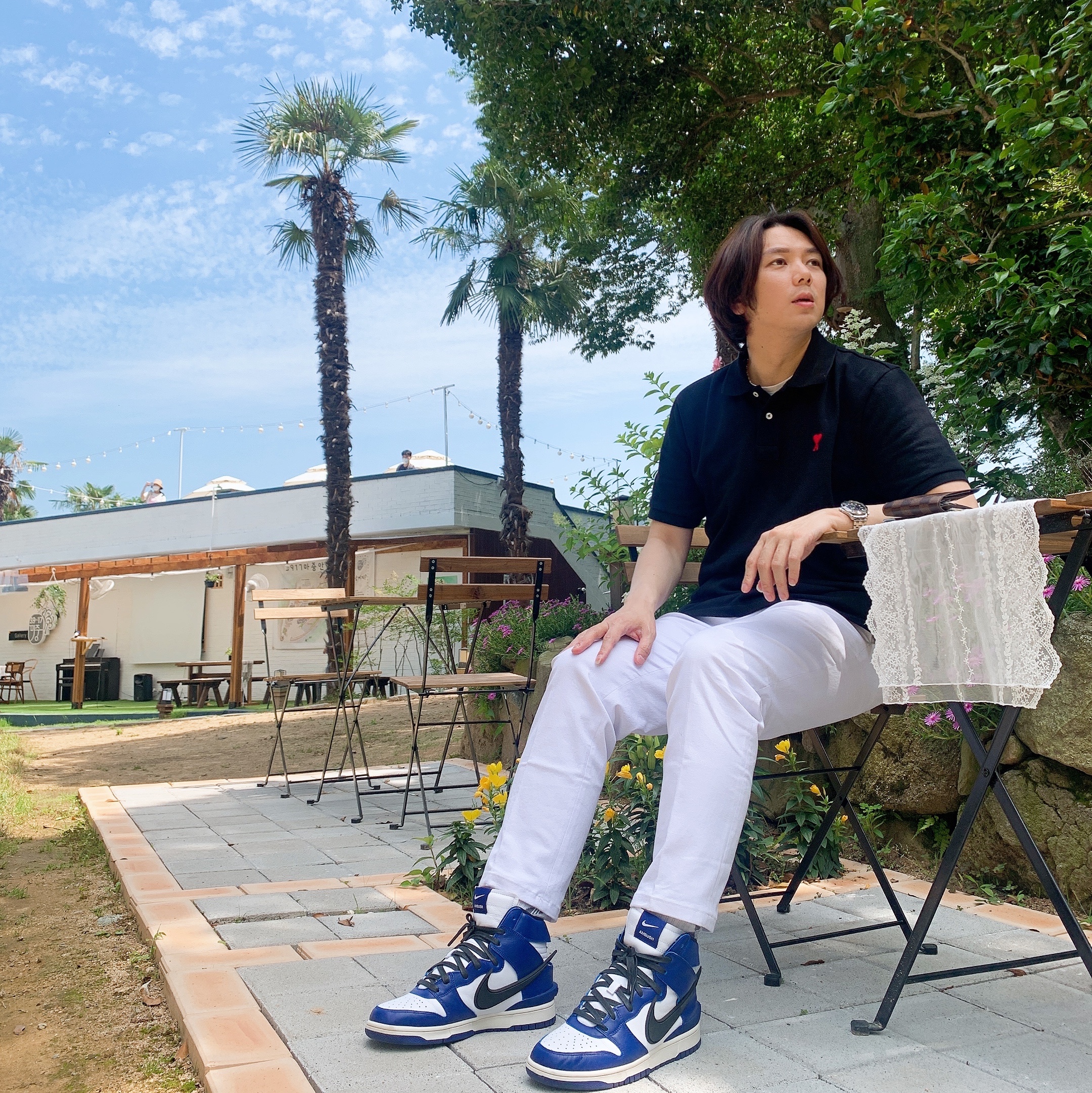 Nike x Ambush Dunk High Deep Royal Blue, AMI de Coeur Polo Shirt Black 착용 스타일