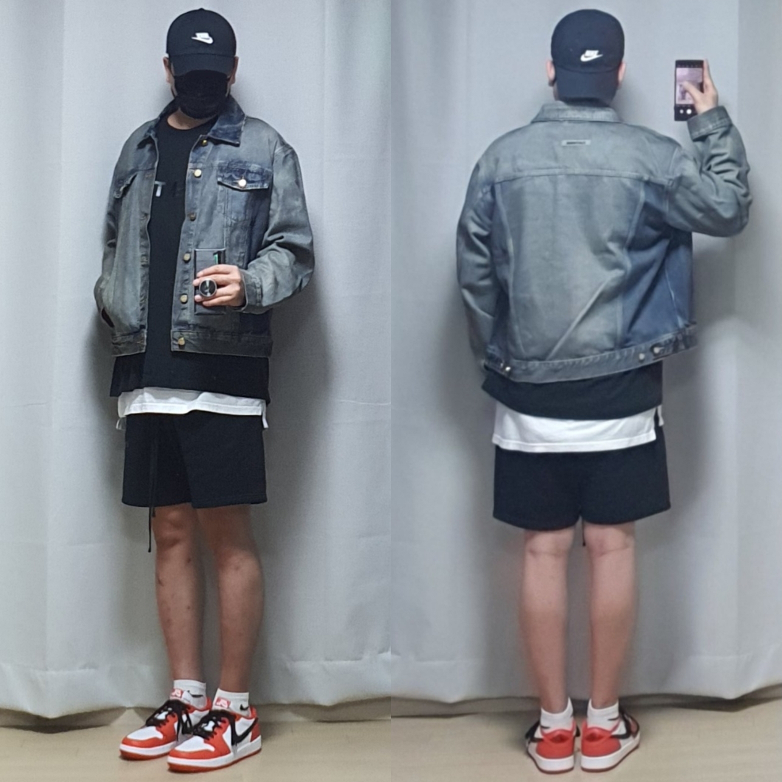 Essentials Denim Trucker Jacket Distressed Indigo - 20FW, Essentials 3D Silicon Applique Boxy T-Shirt Dark Slate/Black 2020 착용 스타일 - 1