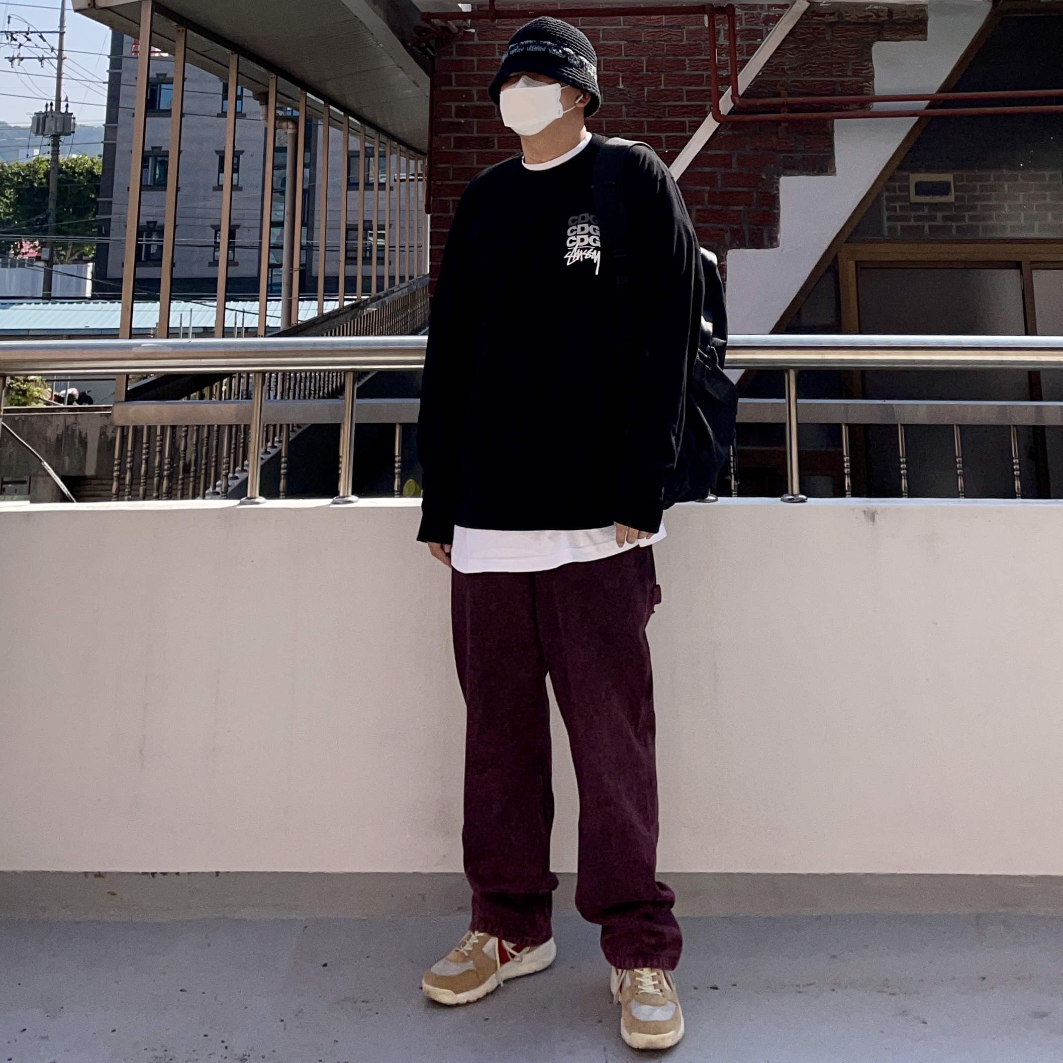 Nike x Tom Sachs Mars Yard Shoe 2.0 Space Camp, Stussy x CDG Dot LS T-Shirt Black 착용 스타일