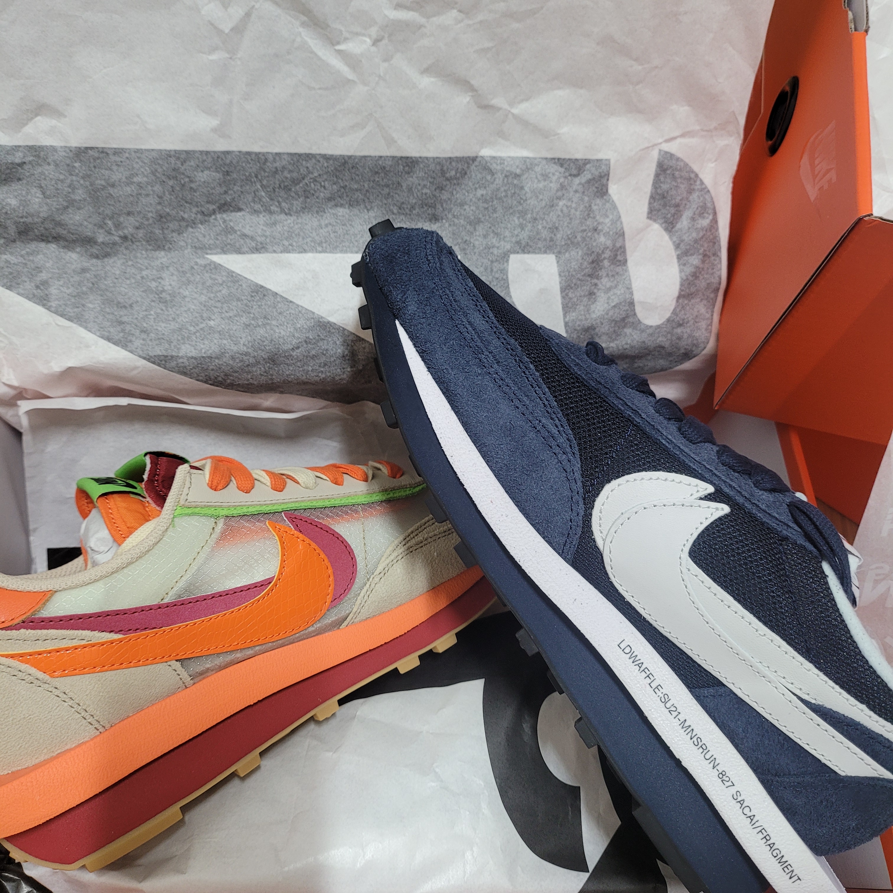 Nike x Sacai x Fragment LDWaffle Blackened Blue, Nike x Sacai x Clot LDWaffle Orange Blaze 착용 스타일