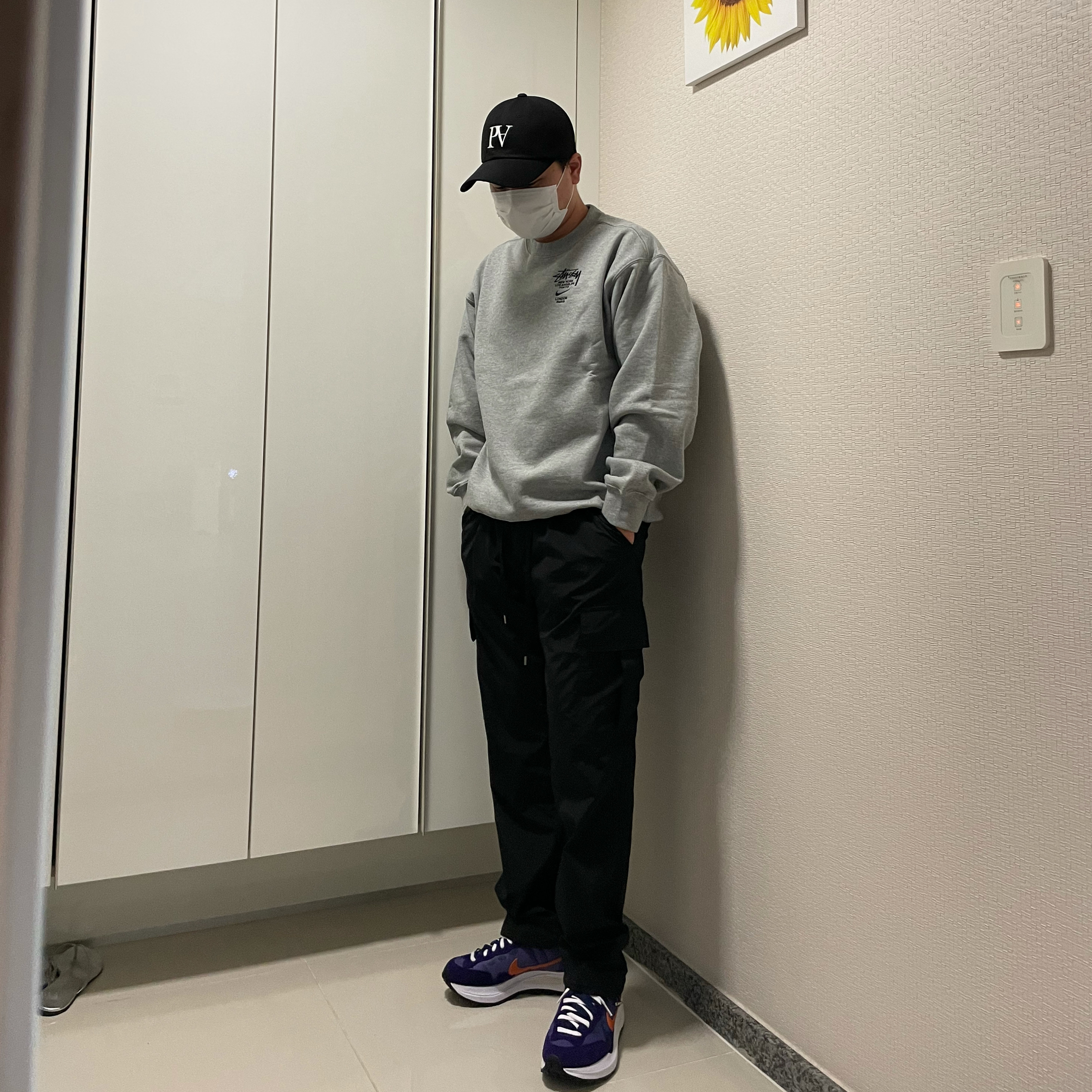 Nike x Stussy NRG ZR Fleece Crewneck Heather Grey - US/EU, Nike x Sacai VaporWaffle Dark Iris 착용 스타일