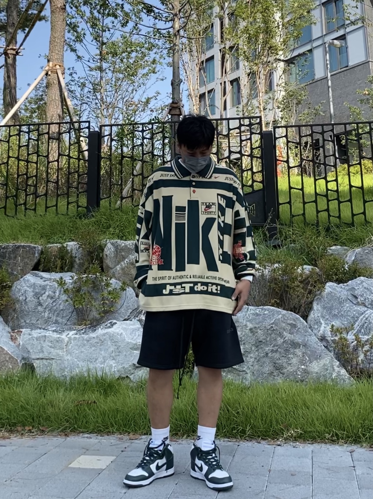 Nike x Cactus Plant Flea Market Long Sleeve Polo Natural - US/EU, Nike Dunk High SP Spartan Green 착용 스타일