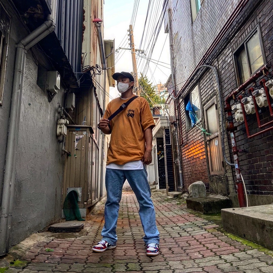Nike x Parra SB Dunk Low Pro Abstract Art, Stussy Dice Pigment Dyed T-Shirt Copper 착용 스타일