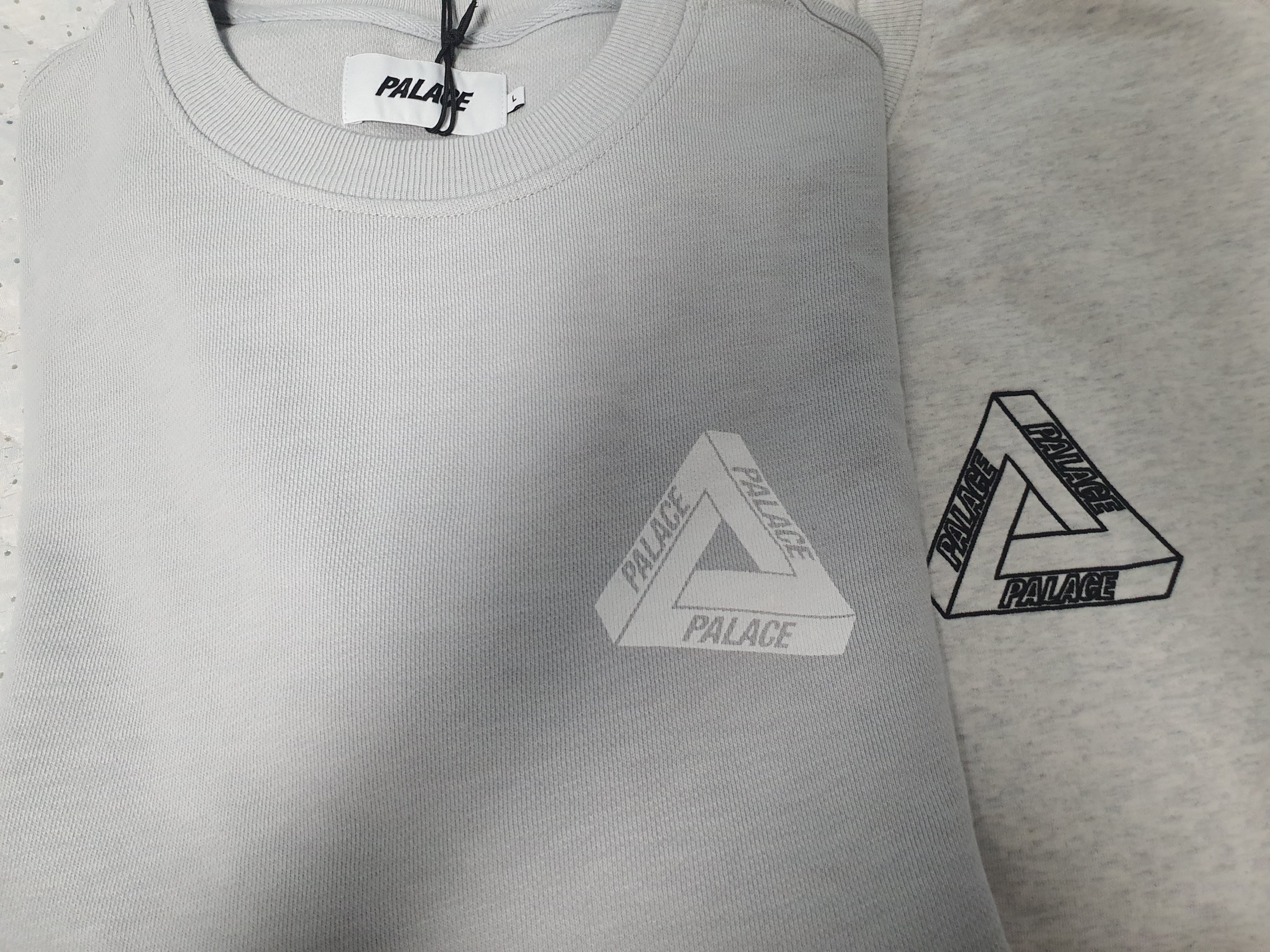 Palace Slub Crew Grey - 21FW, Palace Outliner Mit Designer Crew Light Grey Marl - 21SS 착용 스타일