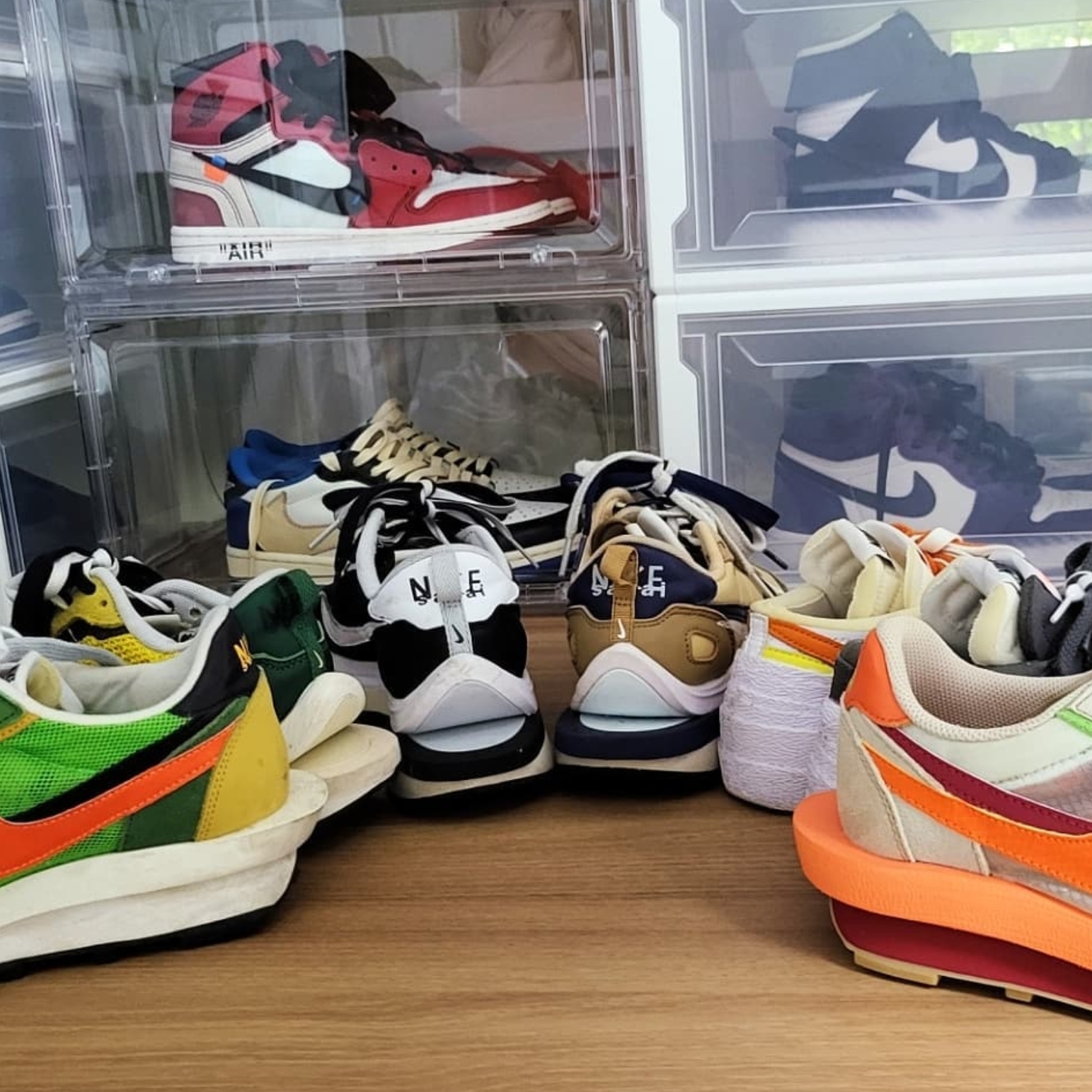 Nike x Sacai x Clot LDWaffle Orange Blaze, Nike x Sacai VaporWaffle Tour Yellow & Gorge Green Sail 착용 스타일