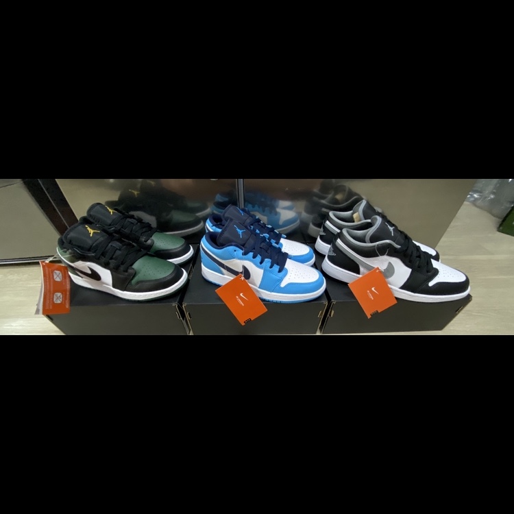 (GS) Jordan 1 Low Black Particle Grey, (GS) Jordan 1 Low Green Toe 착용 스타일 - 1