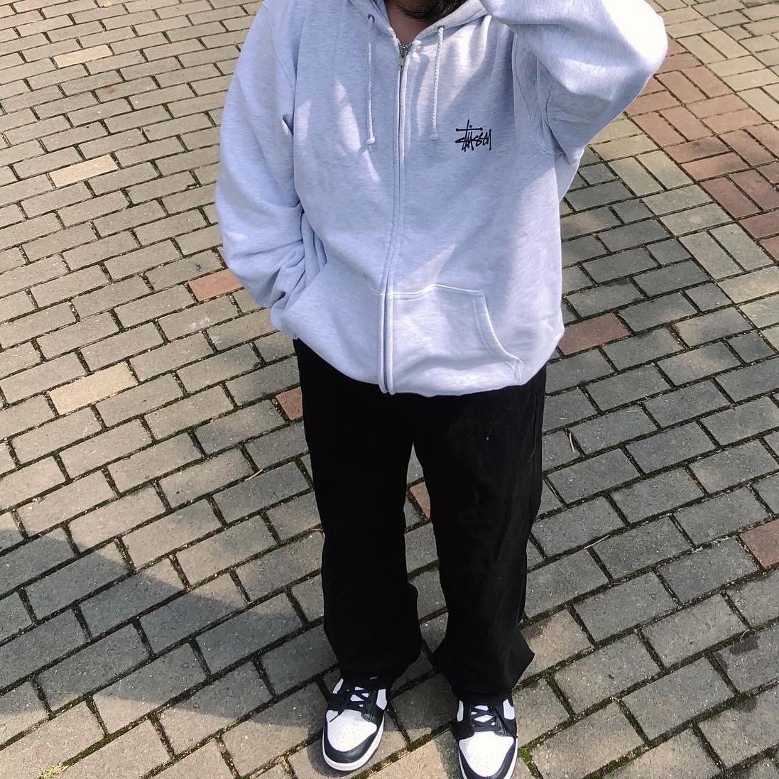 Stussy Basic Stussy Zip Hoodie Ash Heather 2021, Nike Dunk Low Retro Black 착용 스타일 - 4