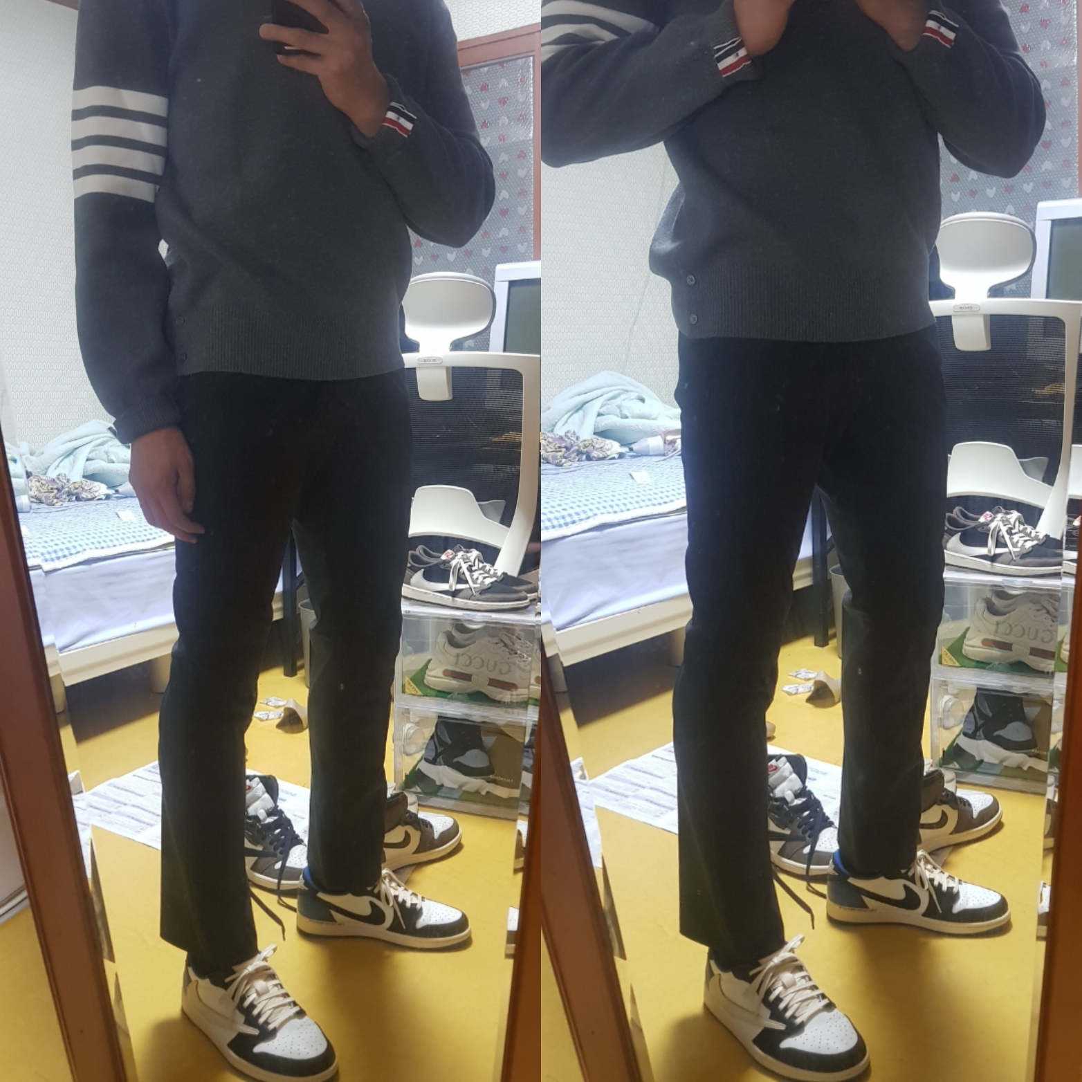 Jordan 1 x Travis Scott x Fragment Retro Low OG SP Military Blue, Jordan 1 x Travis Scott Retro High OG SP Mocha 착용 스타일