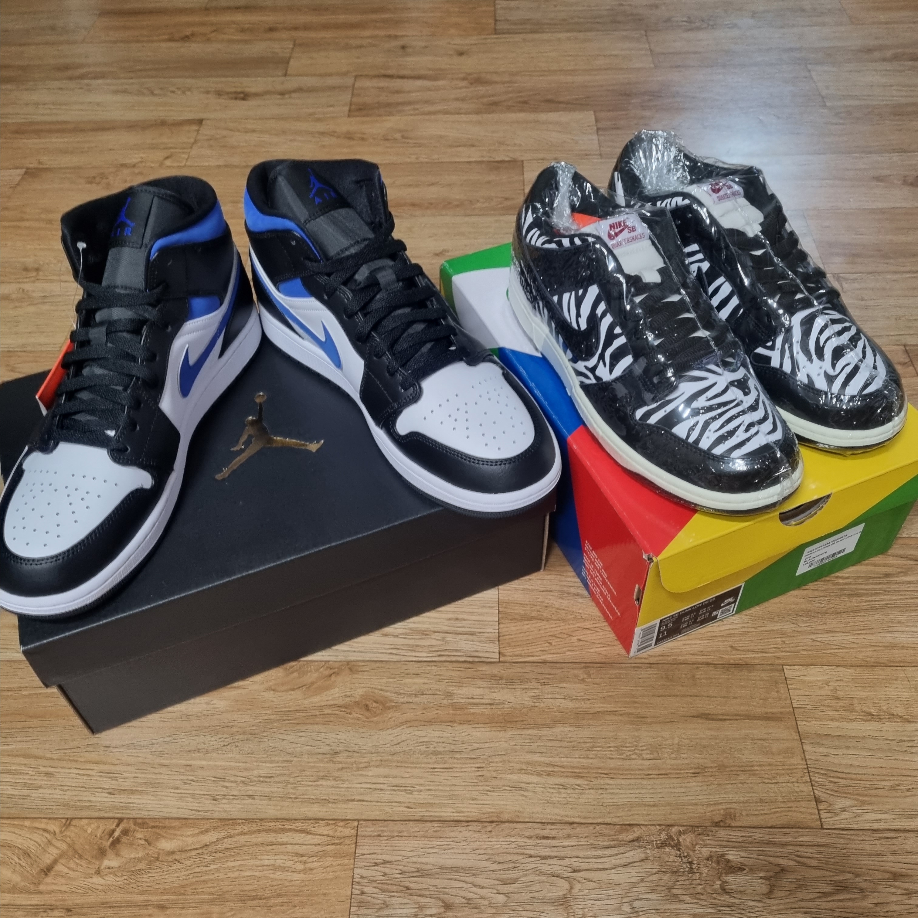 Jordan 1 Mid Racer Blue, Nike x Quartersnacks SB Dunk Low Zebra Cake 착용 스타일