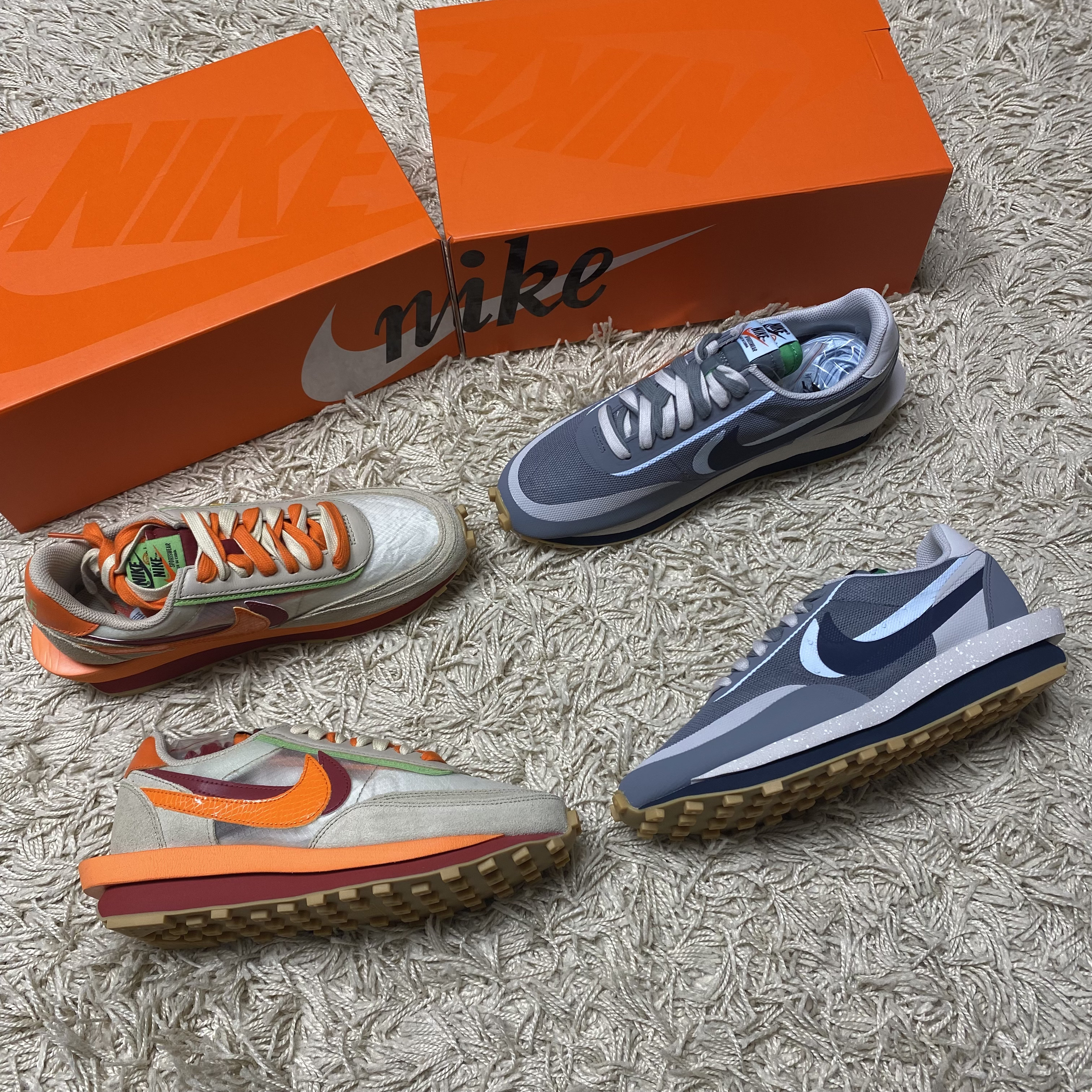 Nike x Sacai x Clot LDWaffle Orange Blaze, Nike x Sacai x Clot LDWaffle Cool Grey 착용 스타일