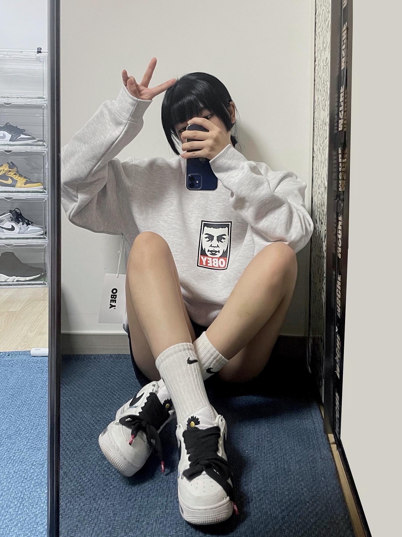 IAB Studio x Obey Beenzino Icon Crew Ash Gray, Nike x Peaceminusone Air Force 1 Low Para-Noise 2.0 착용 스타일 - 2