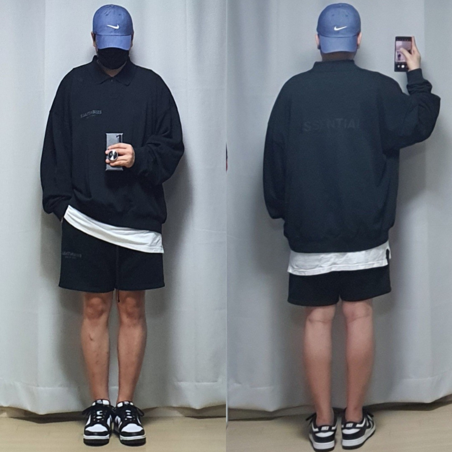 Essentials Long Sleeve Boxy Polo Black - 20FW, Essentials Sweatshorts Black 2020 착용 스타일 - 1