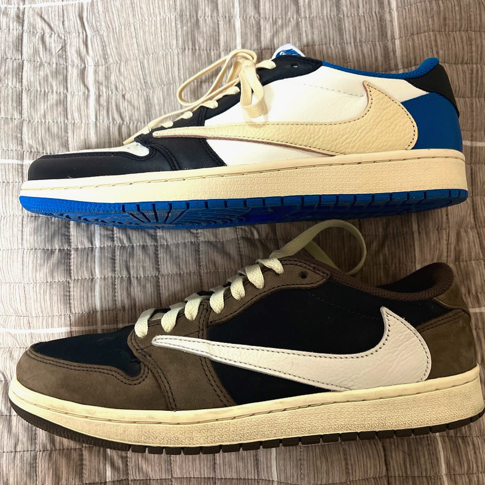Jordan 1 x Travis Scott x Fragment Retro Low OG SP Military Blue, Jordan 1 x Travis Scott Retro Low OG SP Mocha 착용 스타일