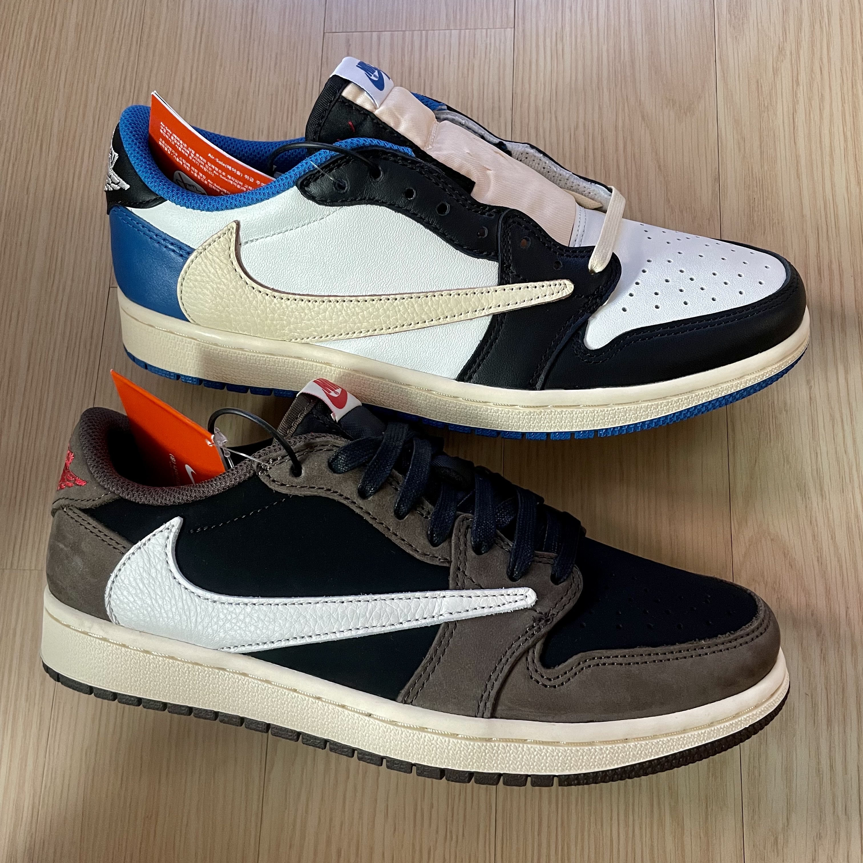 Jordan 1 x Travis Scott Retro Low OG SP Mocha, Jordan 1 x Travis Scott x Fragment Retro Low OG SP Military Blue 착용 스타일 - 2
