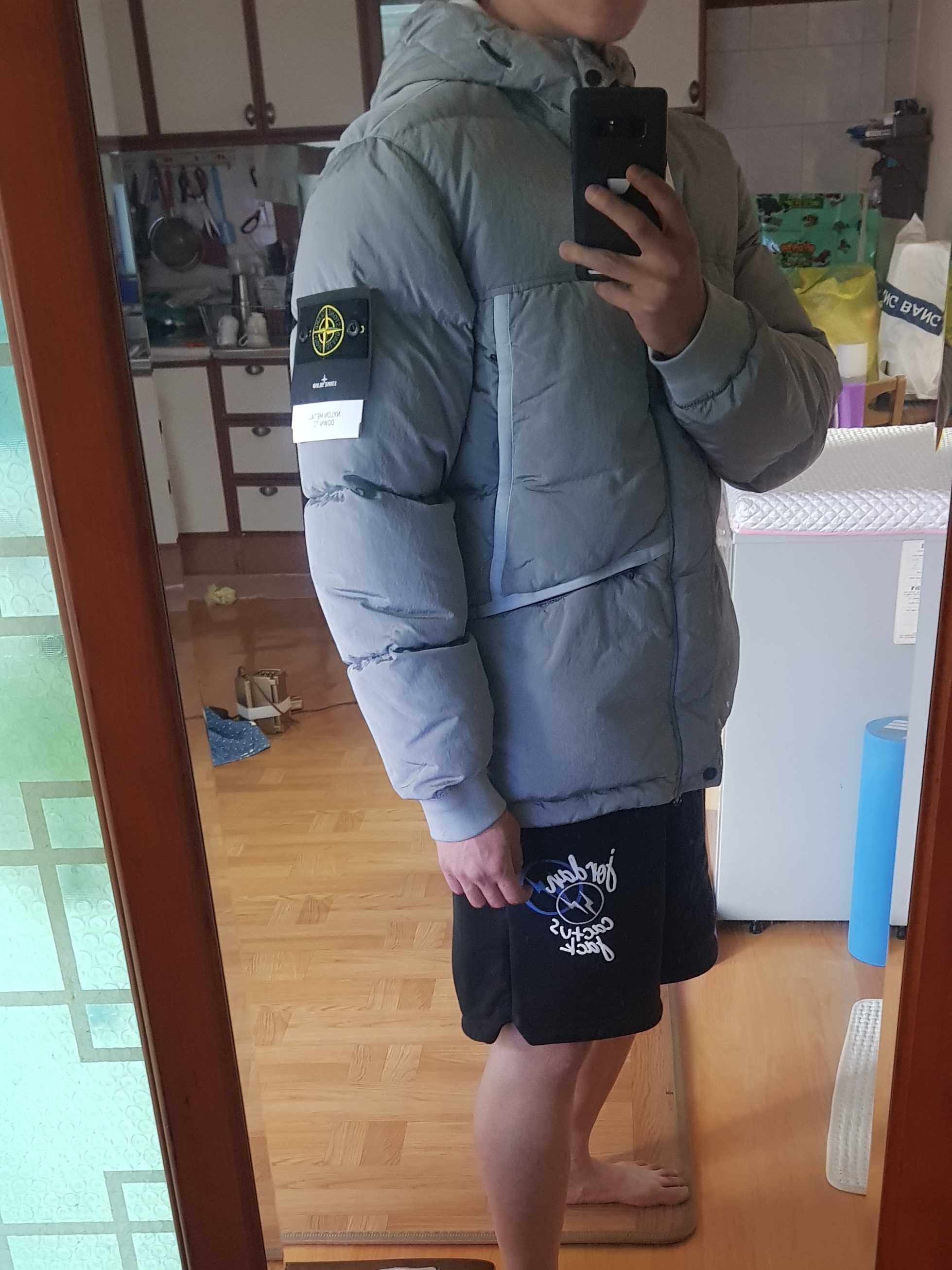 Stone Island 44508 Nylon Metal Down-TC Jacket Light Grey - 21FW, Jordan x Travis Scott x Fragment Shorts Black (DJ0617-010) 착용 스타일 - 4