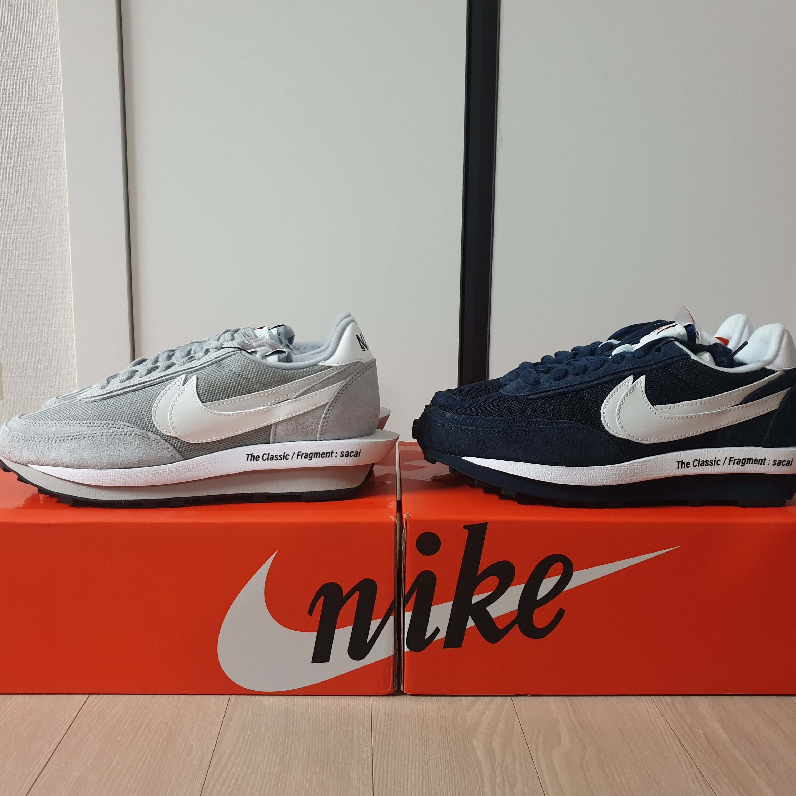 Nike x Sacai x Fragment LDWaffle Blackened Blue, Nike x Sacai x Fragment LDWaffle Light Smoke Grey 착용 스타일 - 2