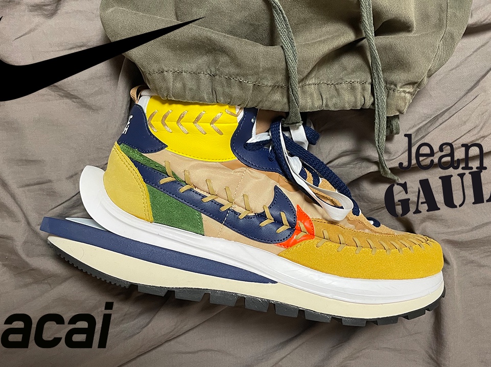 Nike x Sacai x Jean Paul Gaultier VaporWaffle Sesame Blue Void 착용 스타일