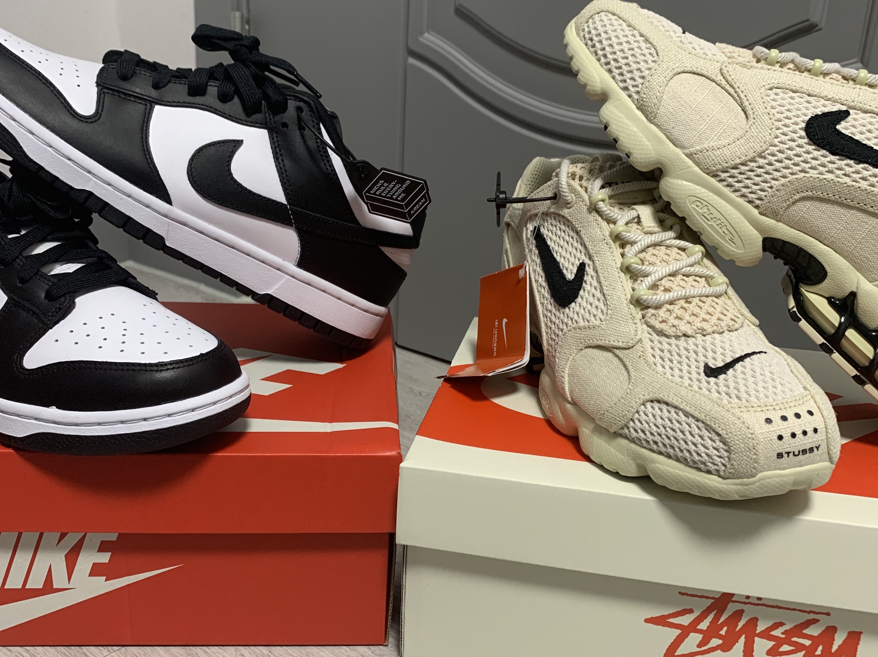 Nike Dunk Low Retro Black, Nike x Stussy Air Zoom Spiridon Cage 2 Fossil 착용 스타일