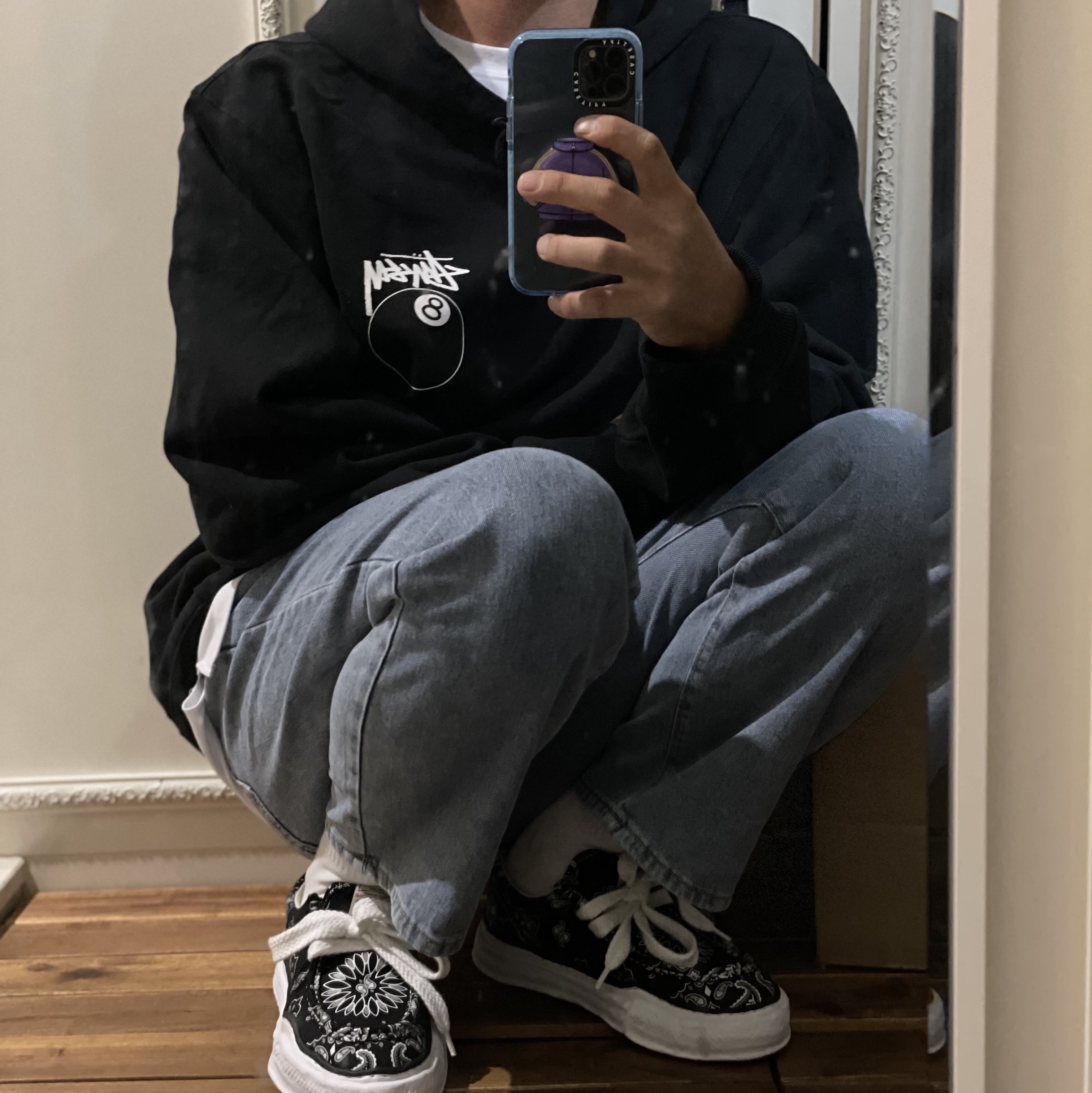 Maison Mihara Yasuhiro OG Sole Bandana Moccasin Sneakers Black, Stussy 8 Ball Hoodie Black - 21FW 착용 스타일 - 2