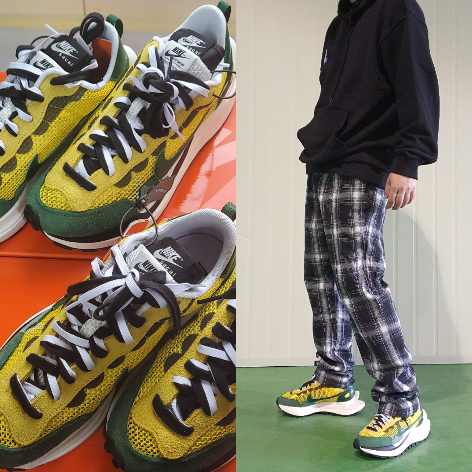 Nike x Sacai VaporWaffle Tour Yellow & Gorge Green Sail 착용 스타일
