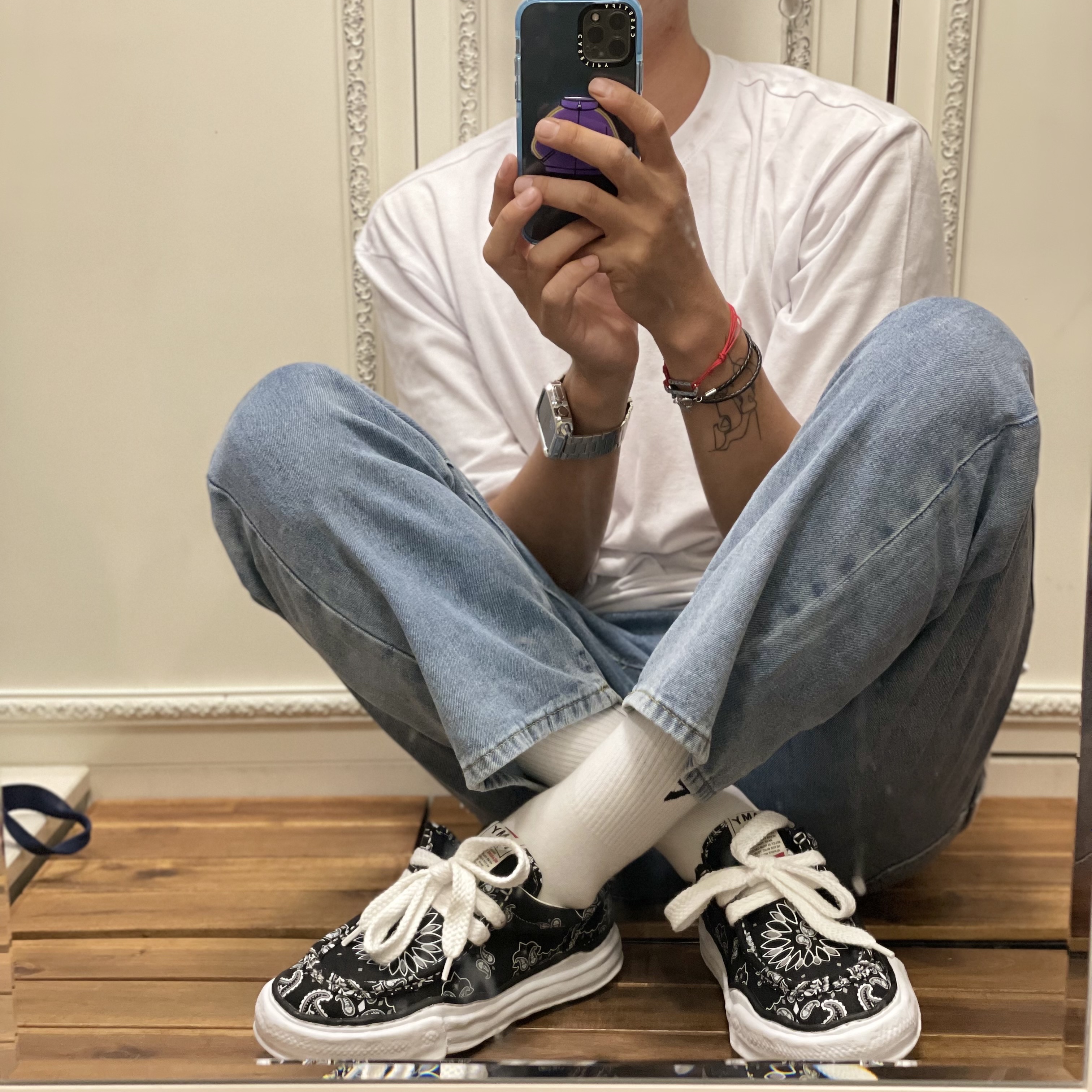 Maison Mihara Yasuhiro OG Sole Bandana Moccasin Sneakers Black, Stussy 8 Ball Hoodie Black - 21FW 착용 스타일 - 1