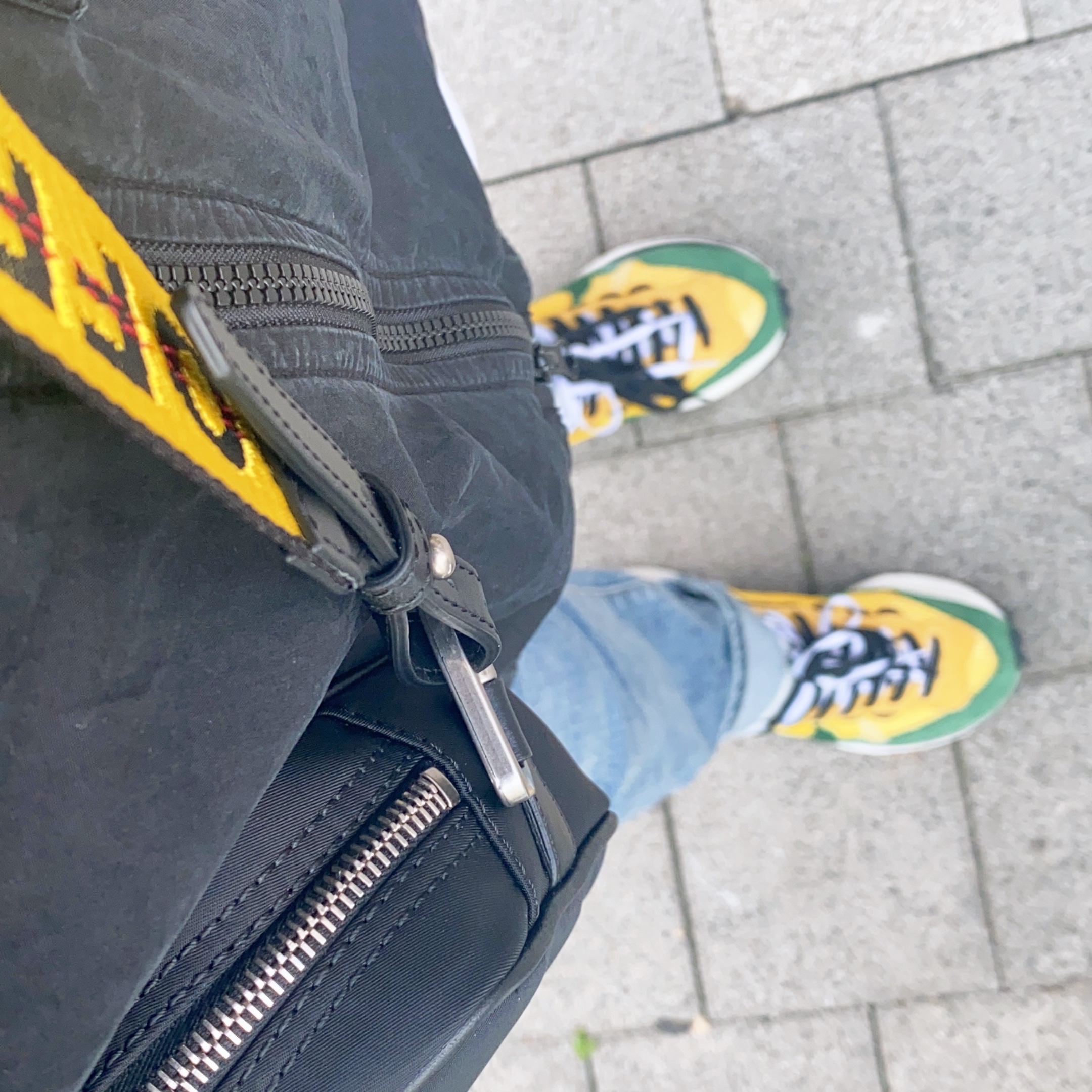 Nike x Sacai VaporWaffle Tour Yellow & Gorge Green Sail, Stone Island 113WN T.CO+OLD Overshirt Black - 21FW 착용 스타일